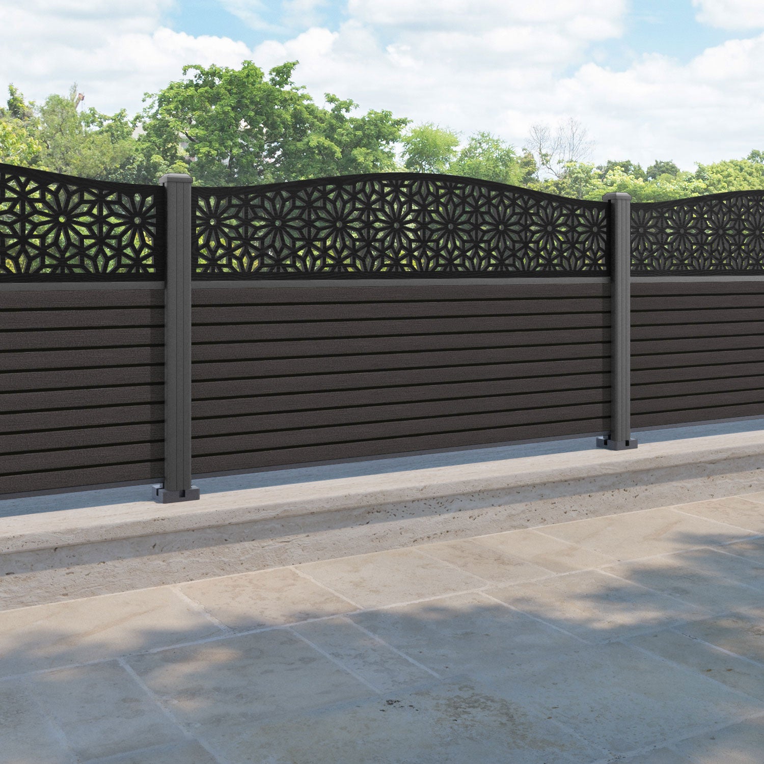 Hudson Narwa Curved Top Fence Panel - Dark Oak - with our aluminium posts