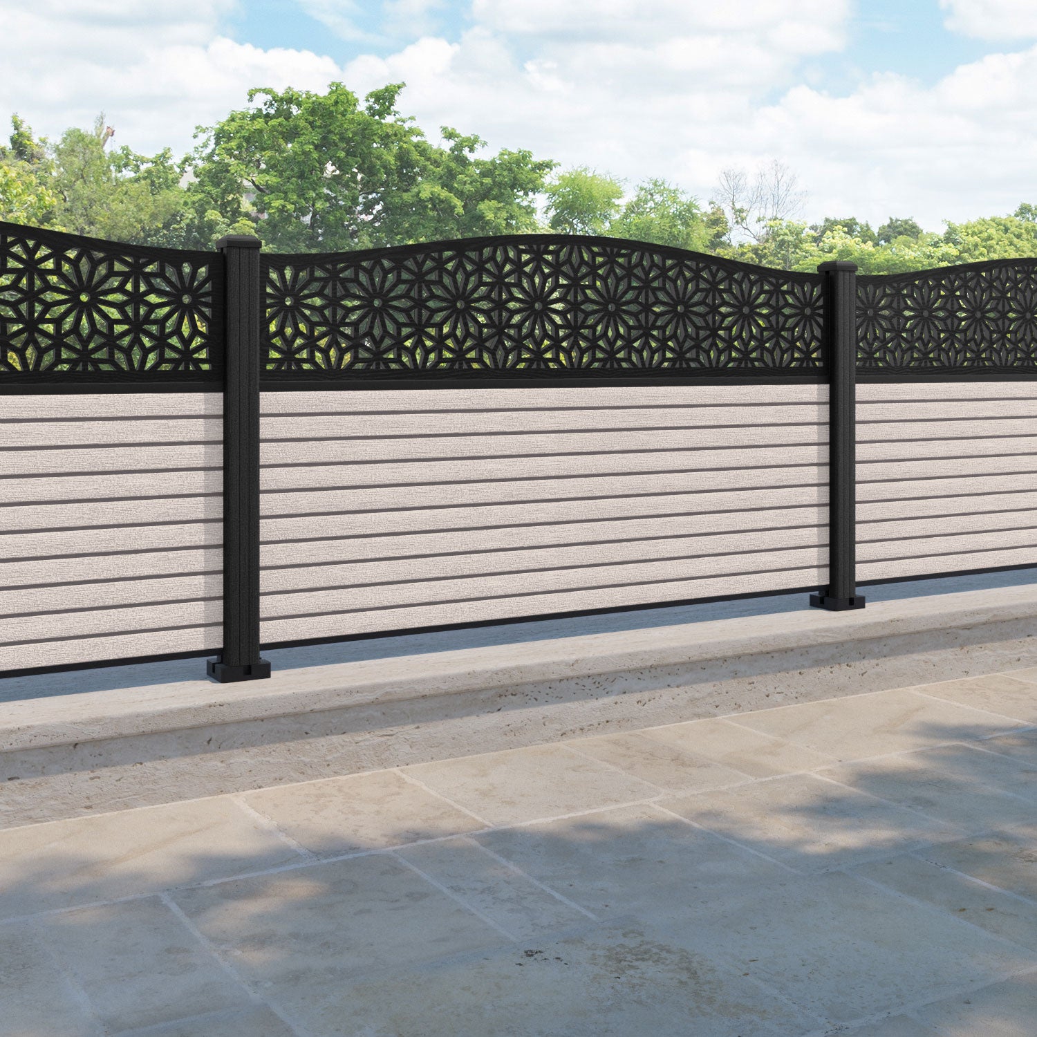 Hudson Narwa Curved Top Fence Panel - Mid Stone - with our composite posts