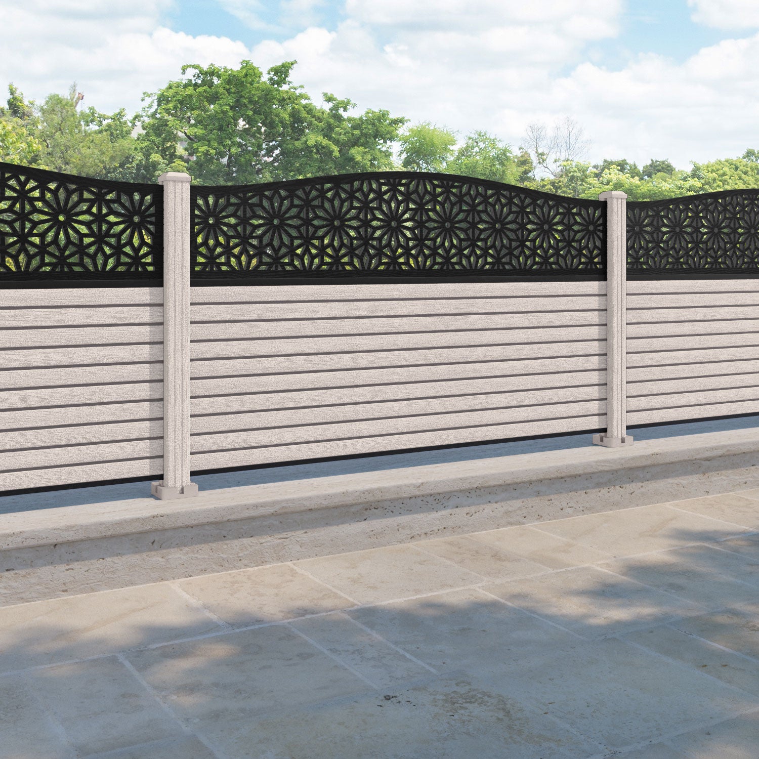 Hudson Narwa Curved Top Fence Panel - Mid Stone - with our composite posts