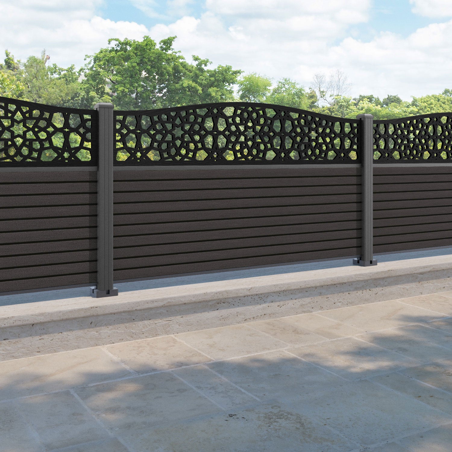 Hudson Nazira Curved Top Fence Panel - Dark Oak - with our aluminium posts