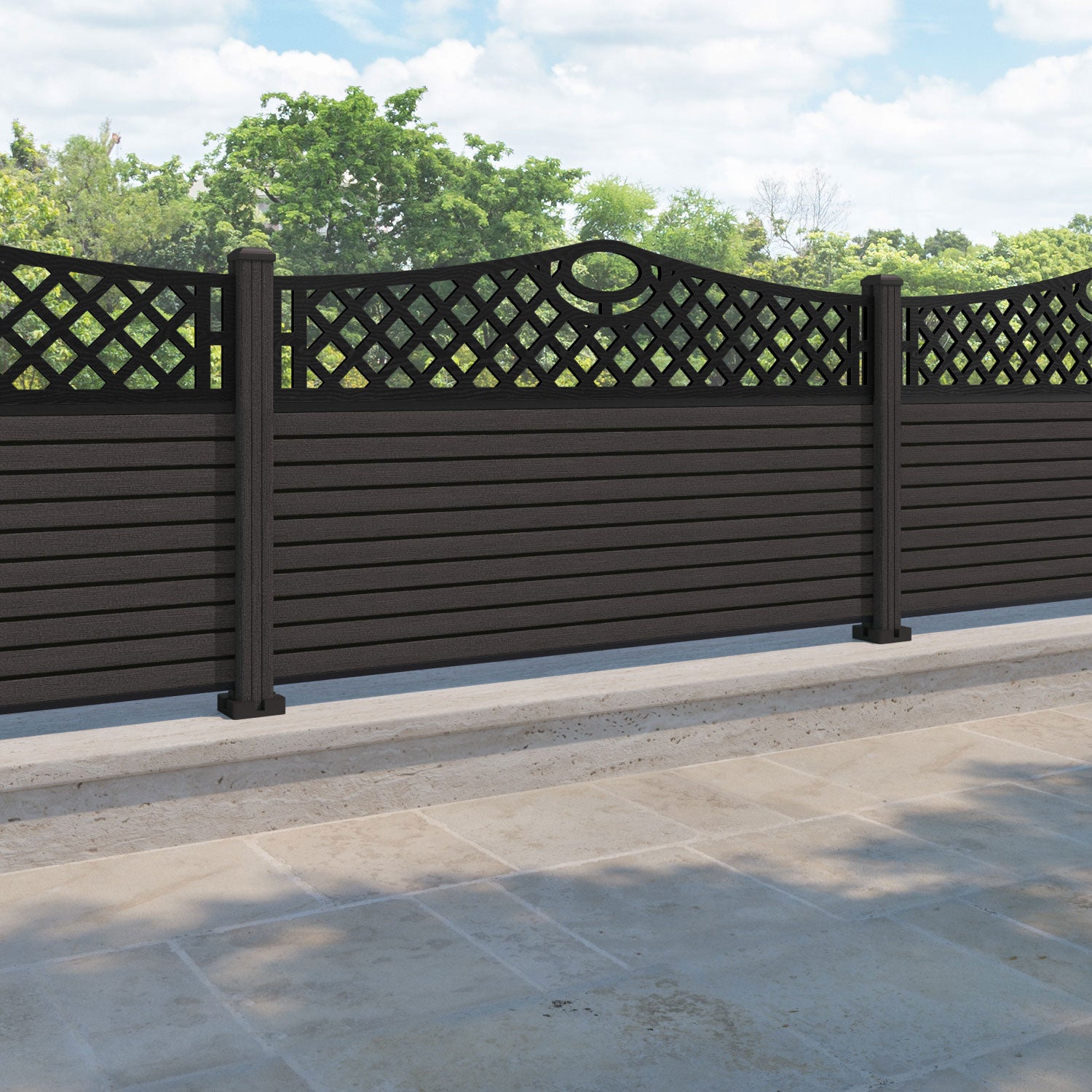 Hudson Oxford Curved Top Fence Panel - Dark Oak - with our composite posts