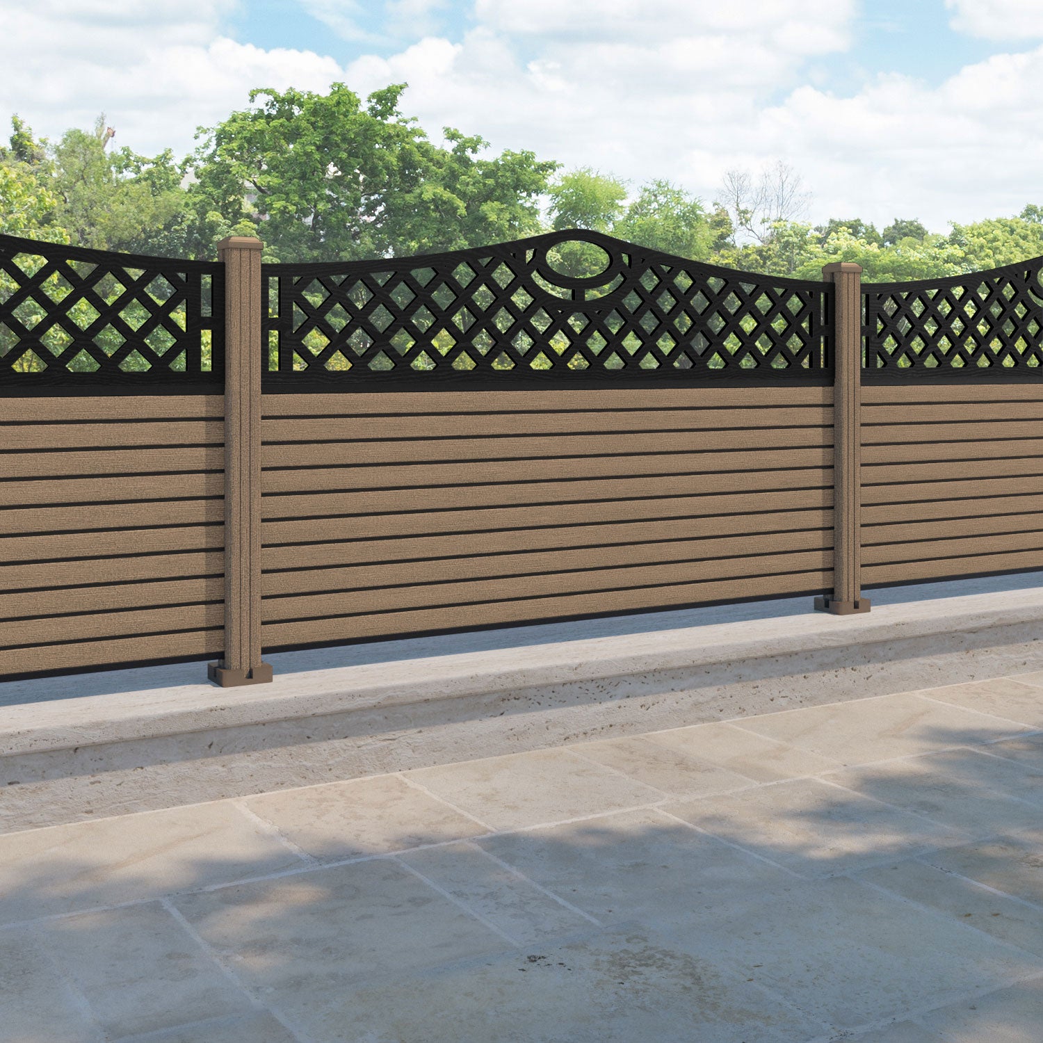Hudson Oxford Curved Top Fence Panel - Teak - with our composite posts