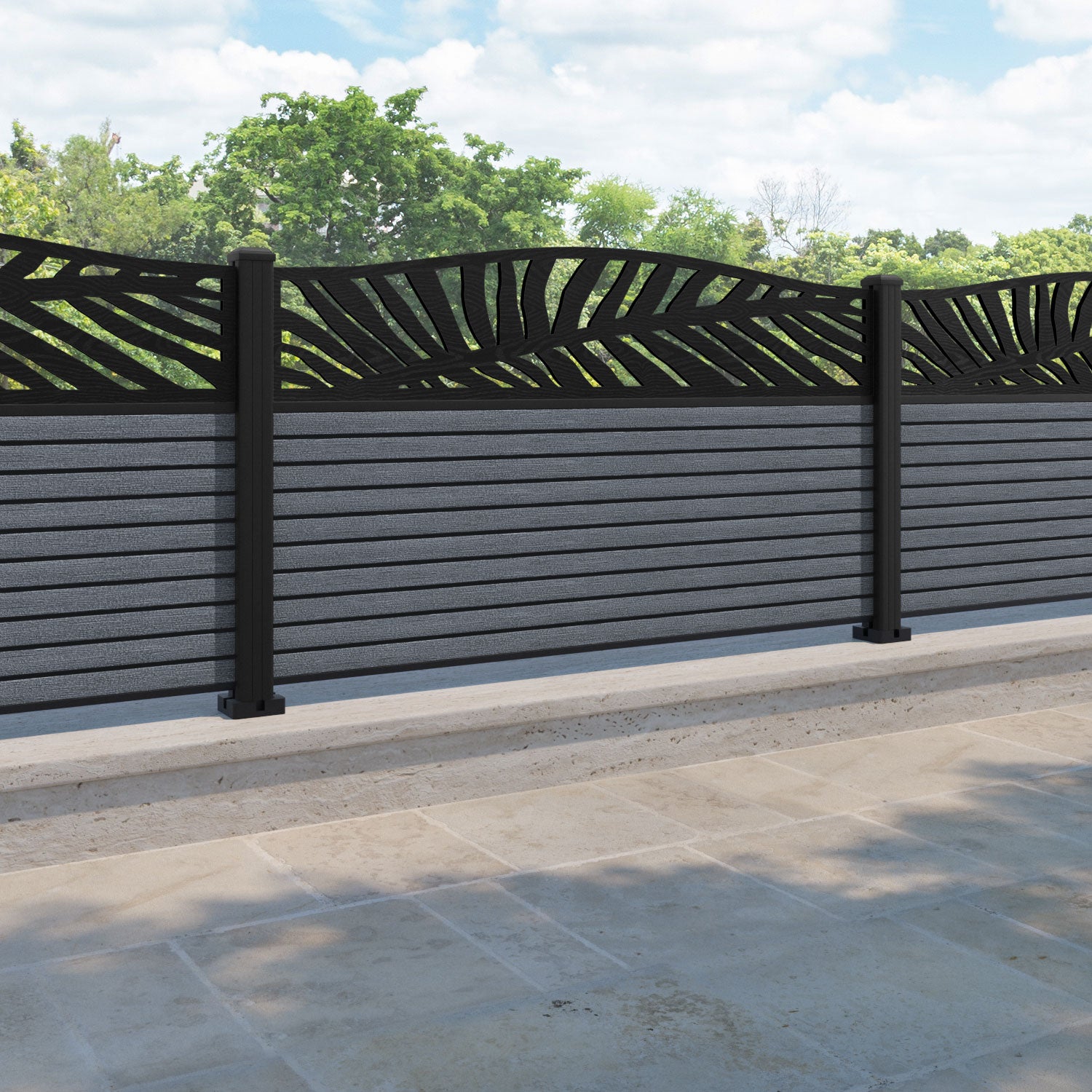 Hudson Palm Curved Top Fence Panel - Anthracite - with our aluminium posts
