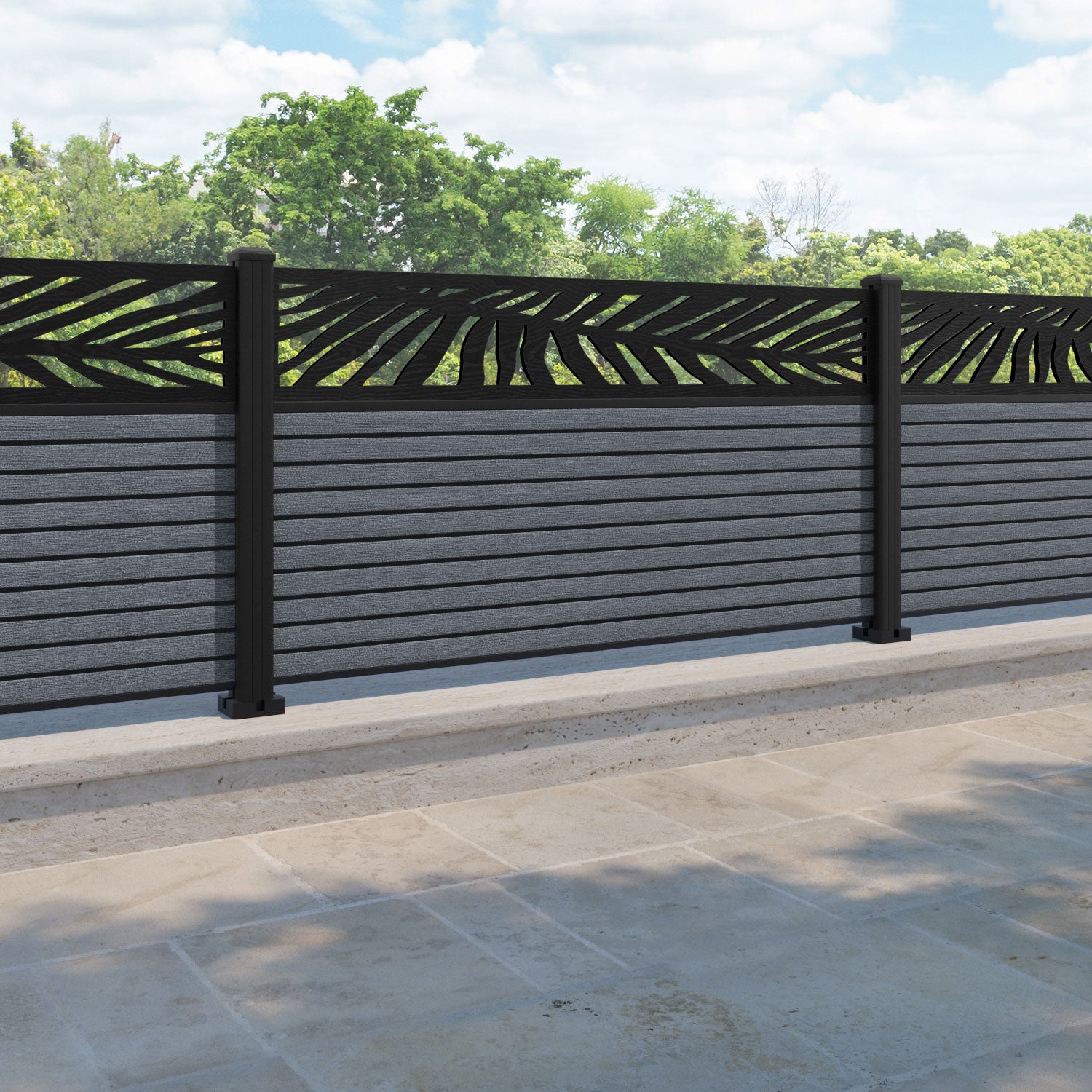 Hudson Palm Fence Panel - Anthracite - with our aluminium posts
