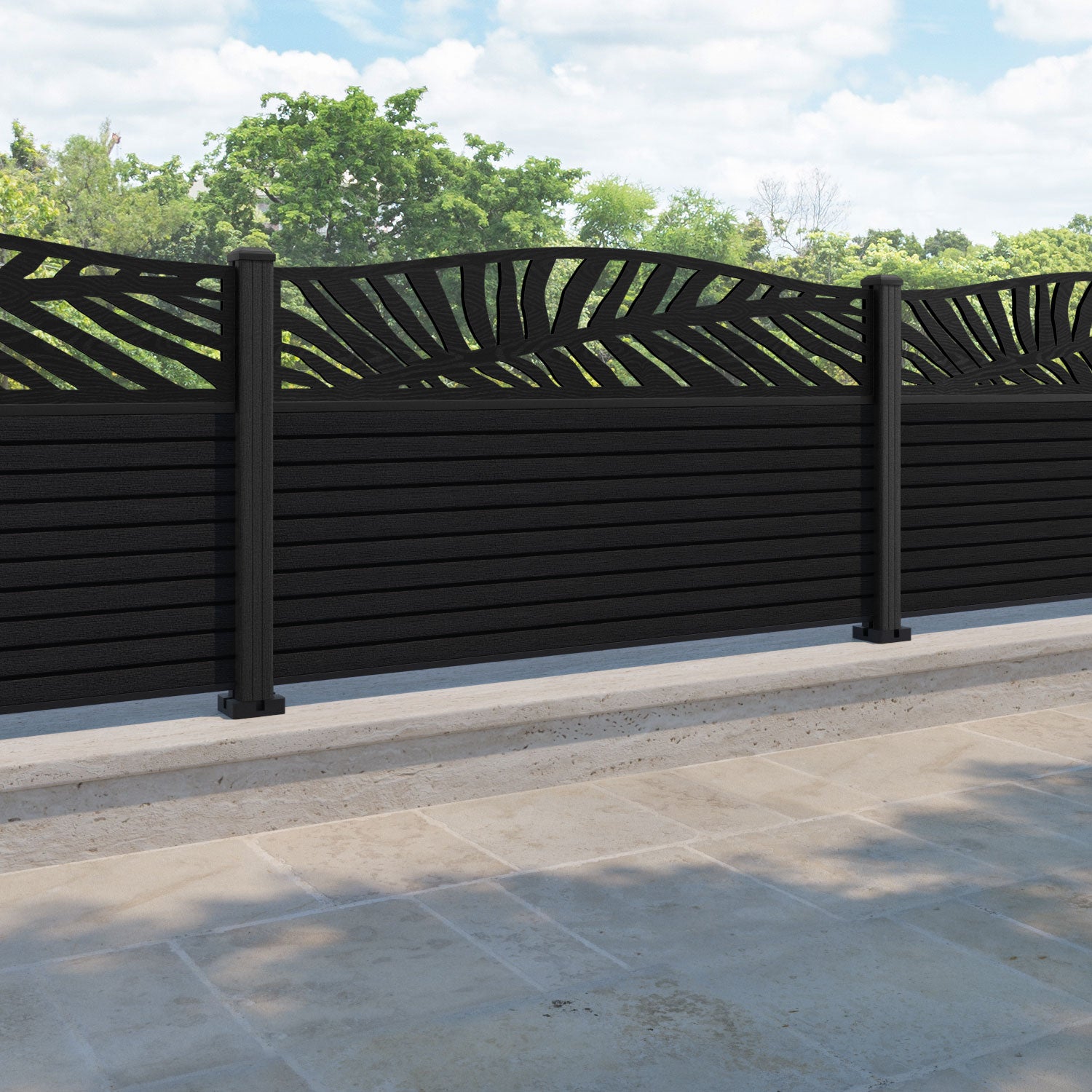 Hudson Palm Curved Top Fence Panel - Black - with our composite posts