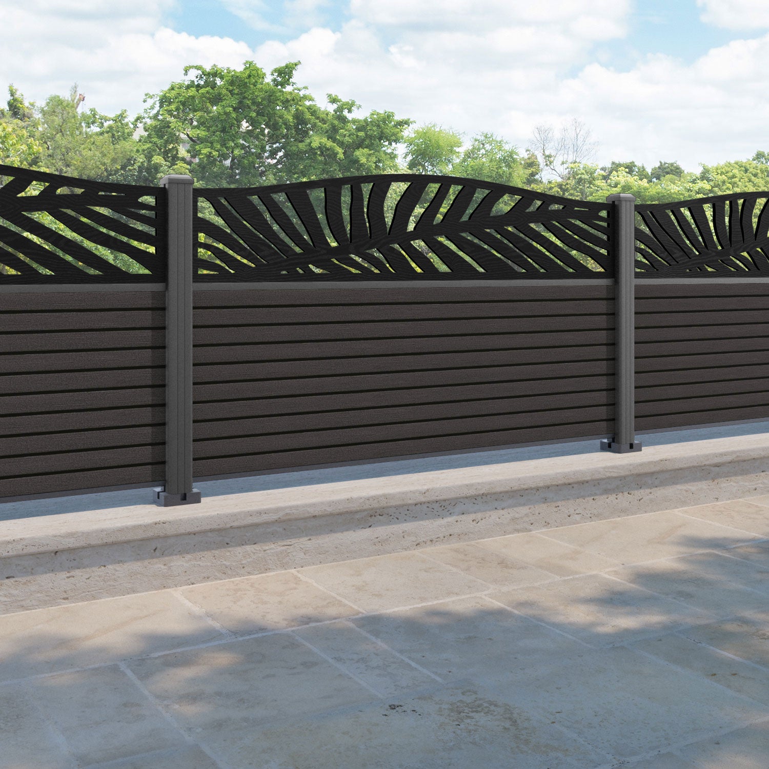 Hudson Palm Curved Top Fence Panel - Dark Oak - with our aluminium posts