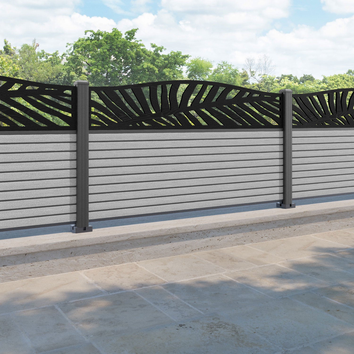 Hudson Palm Curved Top Fence Panel - Light Grey - with our aluminium posts