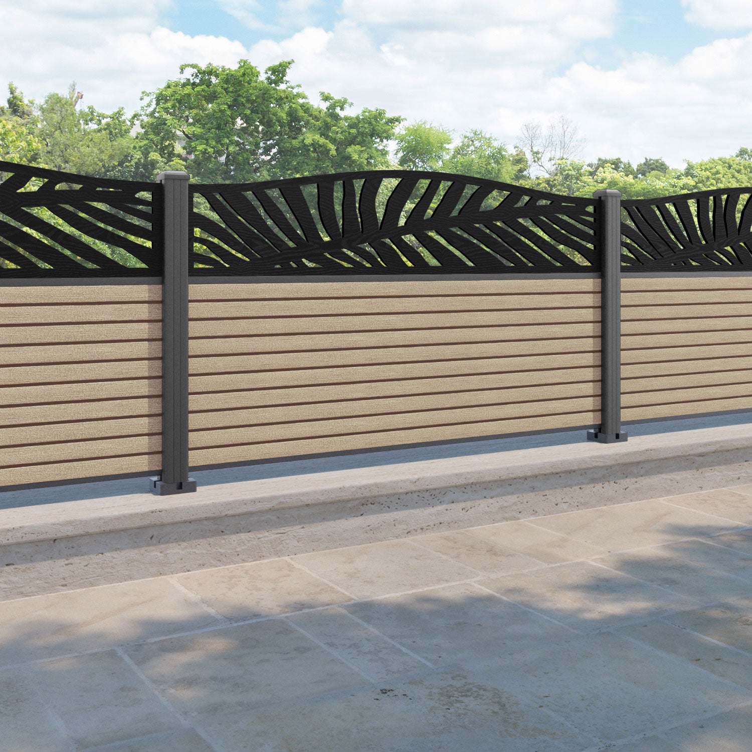 Hudson Palm Curved Top Fence Panel - Light Oak - with our aluminium posts