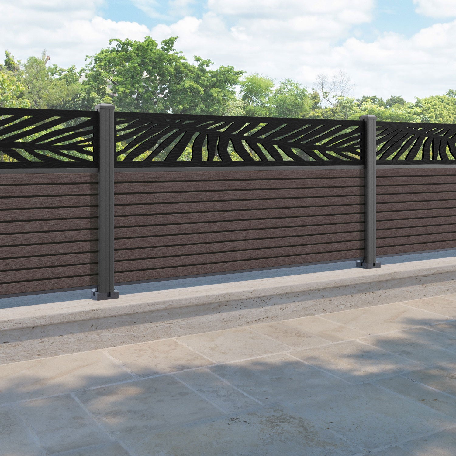 Hudson Palm Fence Panel - Mid Brown - with our aluminium posts