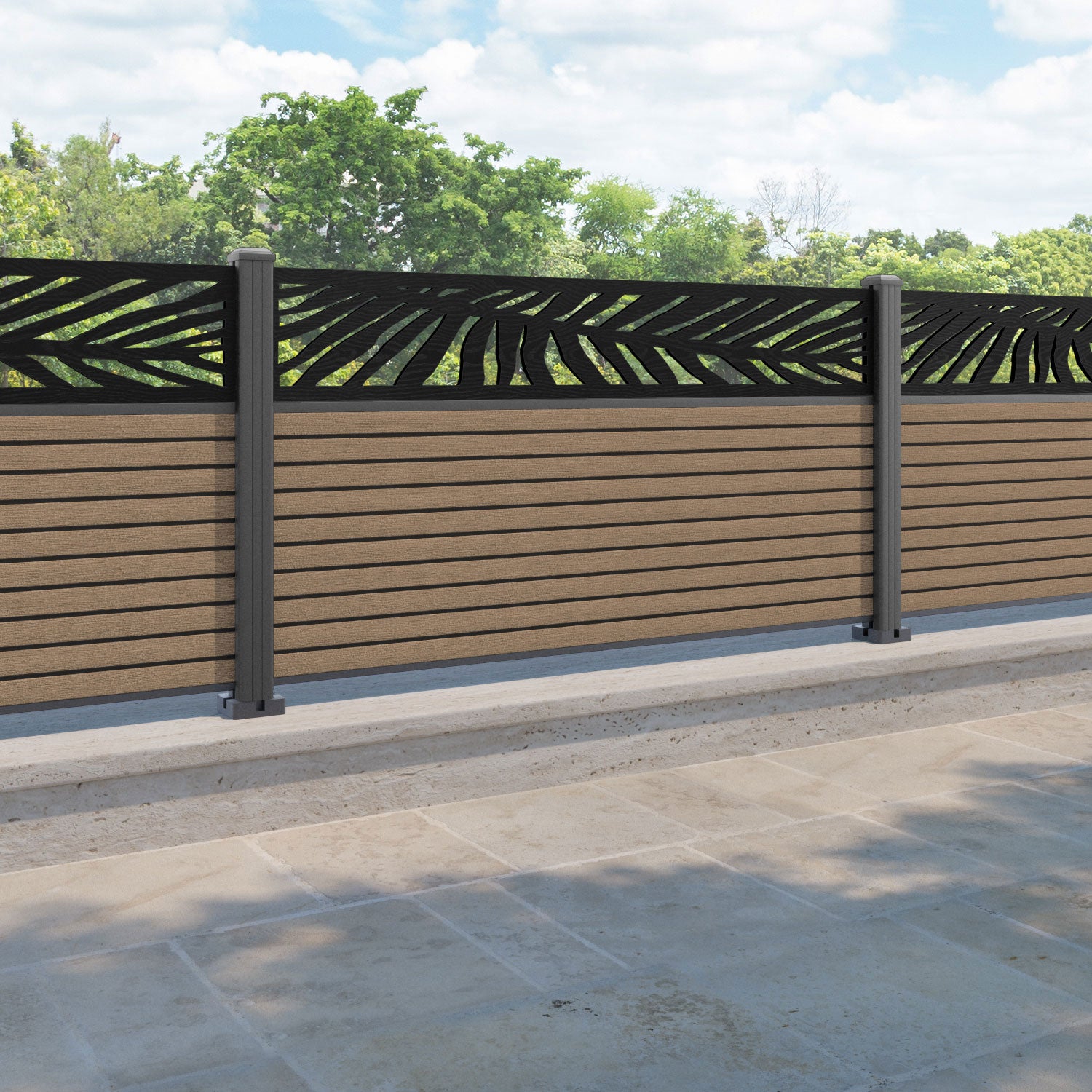 Hudson Palm Fence Panel - Teak - with our aluminium posts
