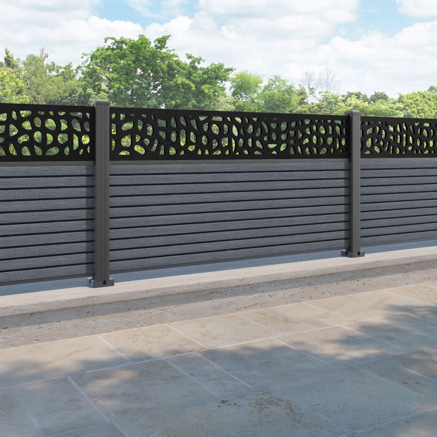 Hudson Pebble Fence Panel - Anthracite - with our aluminium posts