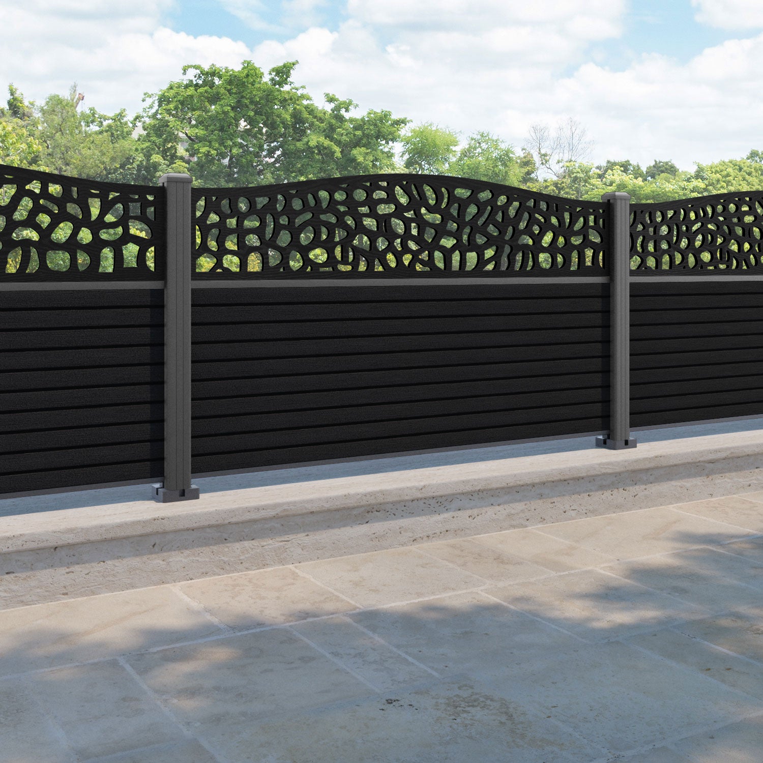 Hudson Pebble Curved Top Fence Panel - Black - with our aluminium posts