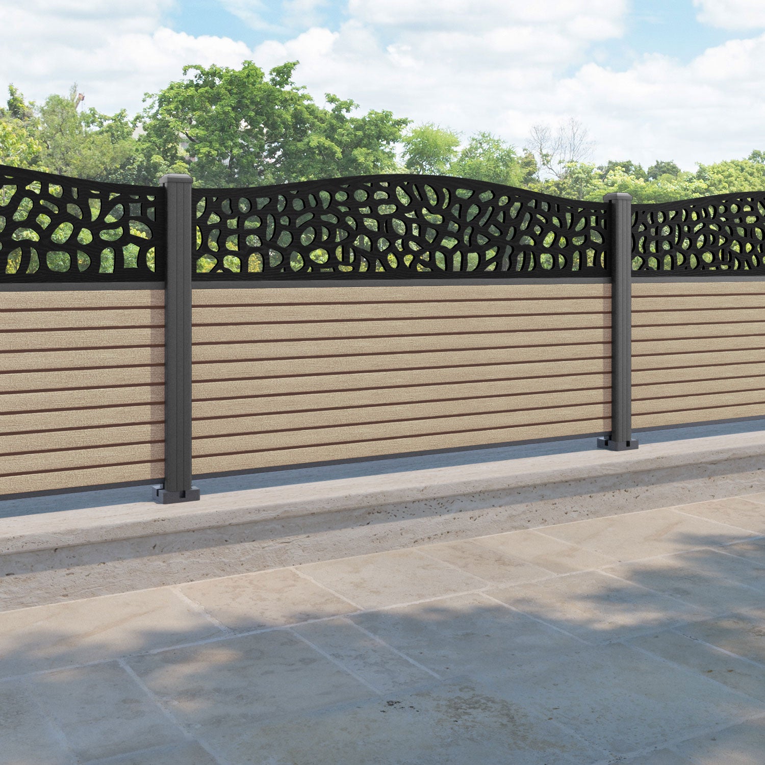 Hudson Pebble Curved Top Fence Panel - Light Oak - with our aluminium posts