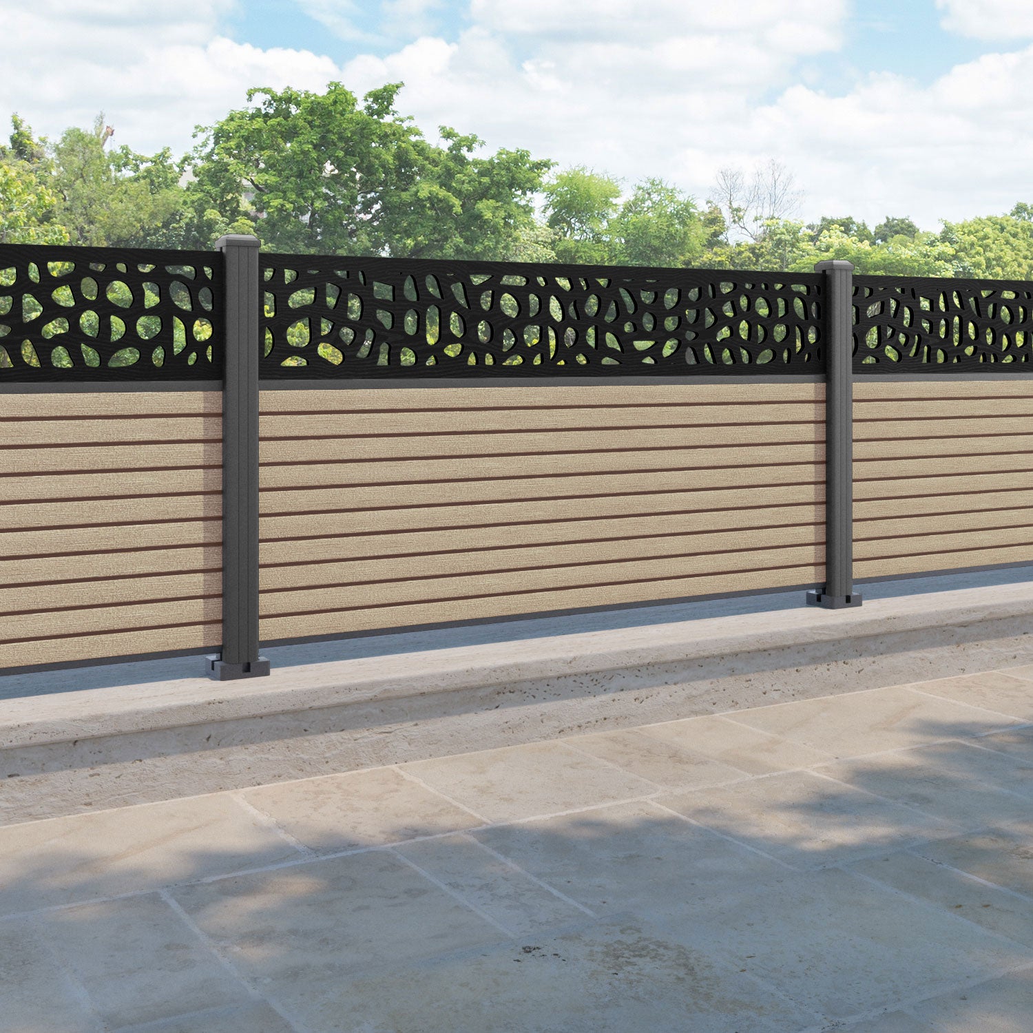 Hudson Pebble Fence Panel - Light Oak - with our aluminium posts
