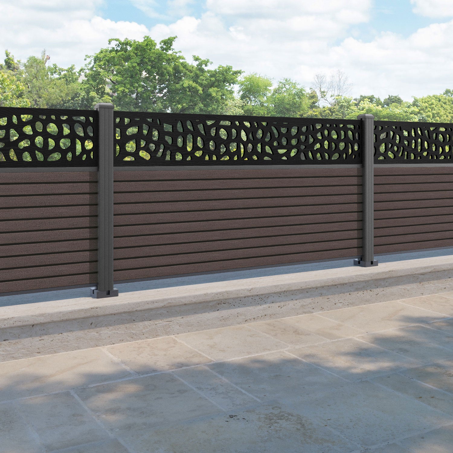Hudson Pebble Fence Panel - Mid Brown - with our aluminium posts