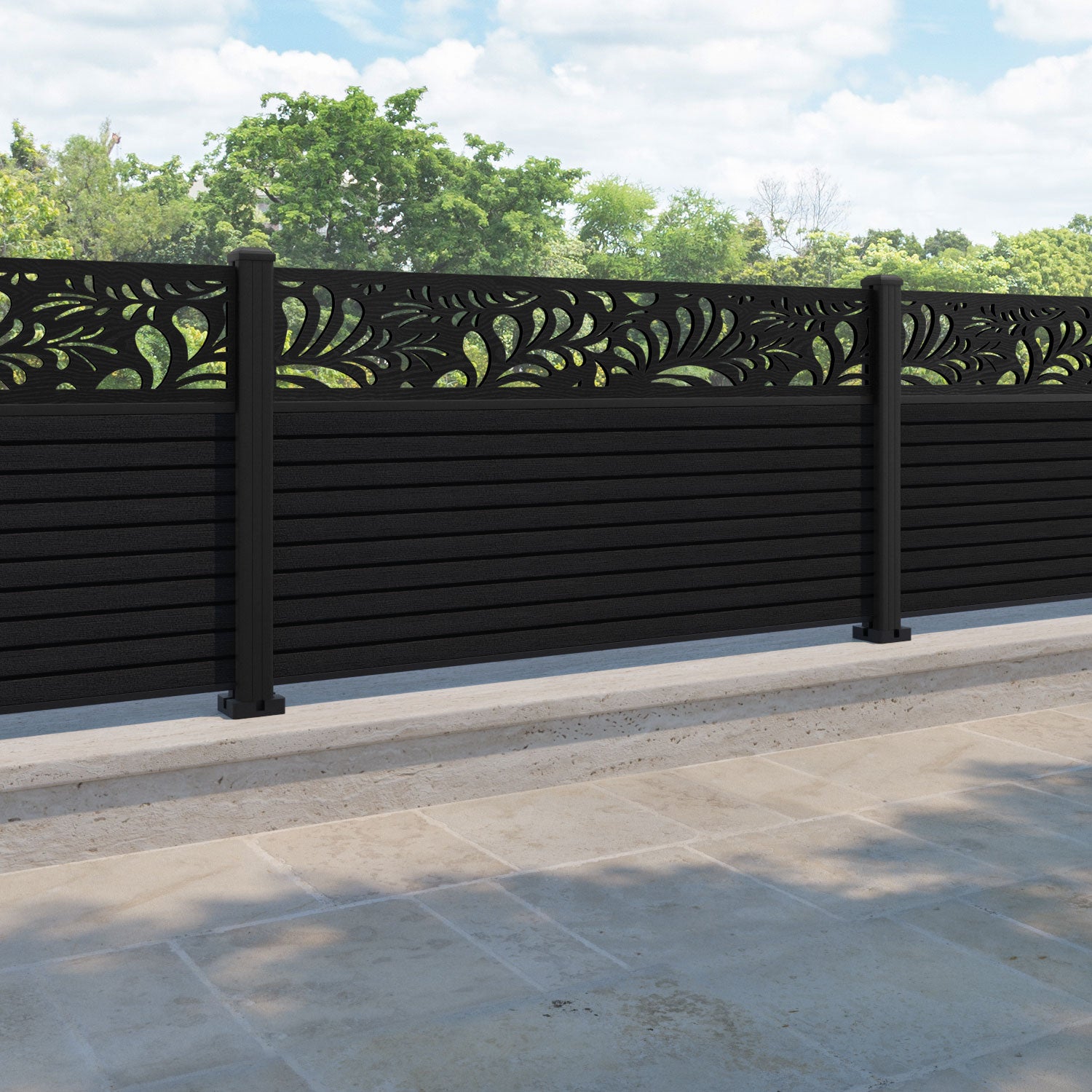 Hudson Petal Fence Panel - Black - with our aluminium posts