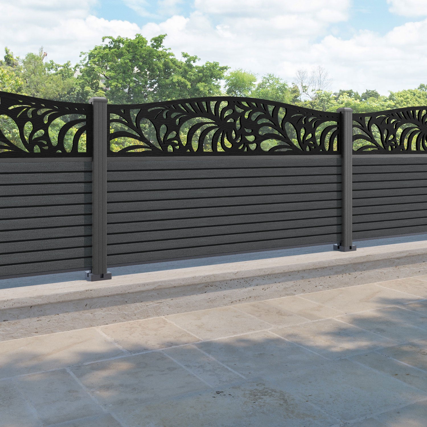 Hudson Petal Curved Top Fence Panel - Dark Grey - with our aluminium posts