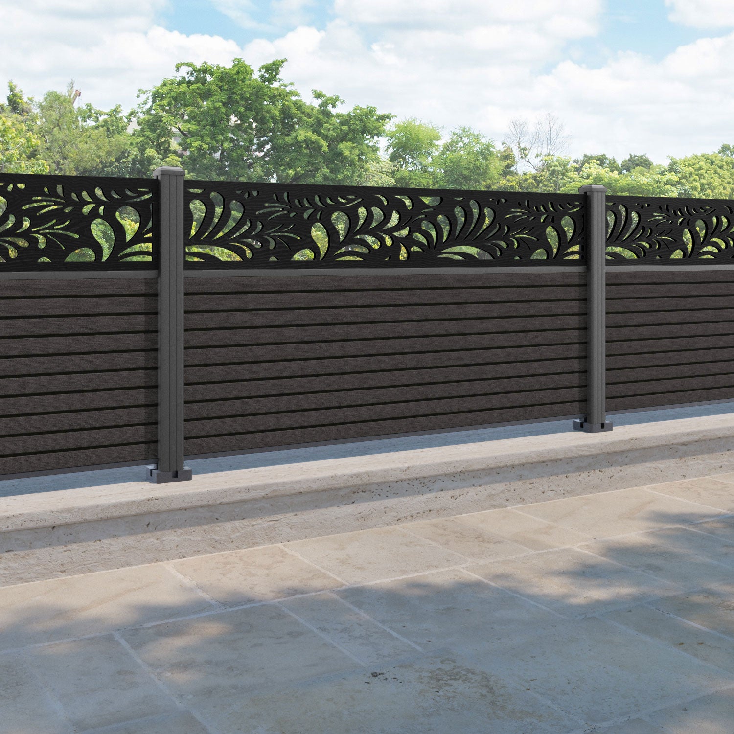 Hudson Petal Fence Panel - Dark Oak - with our aluminium posts