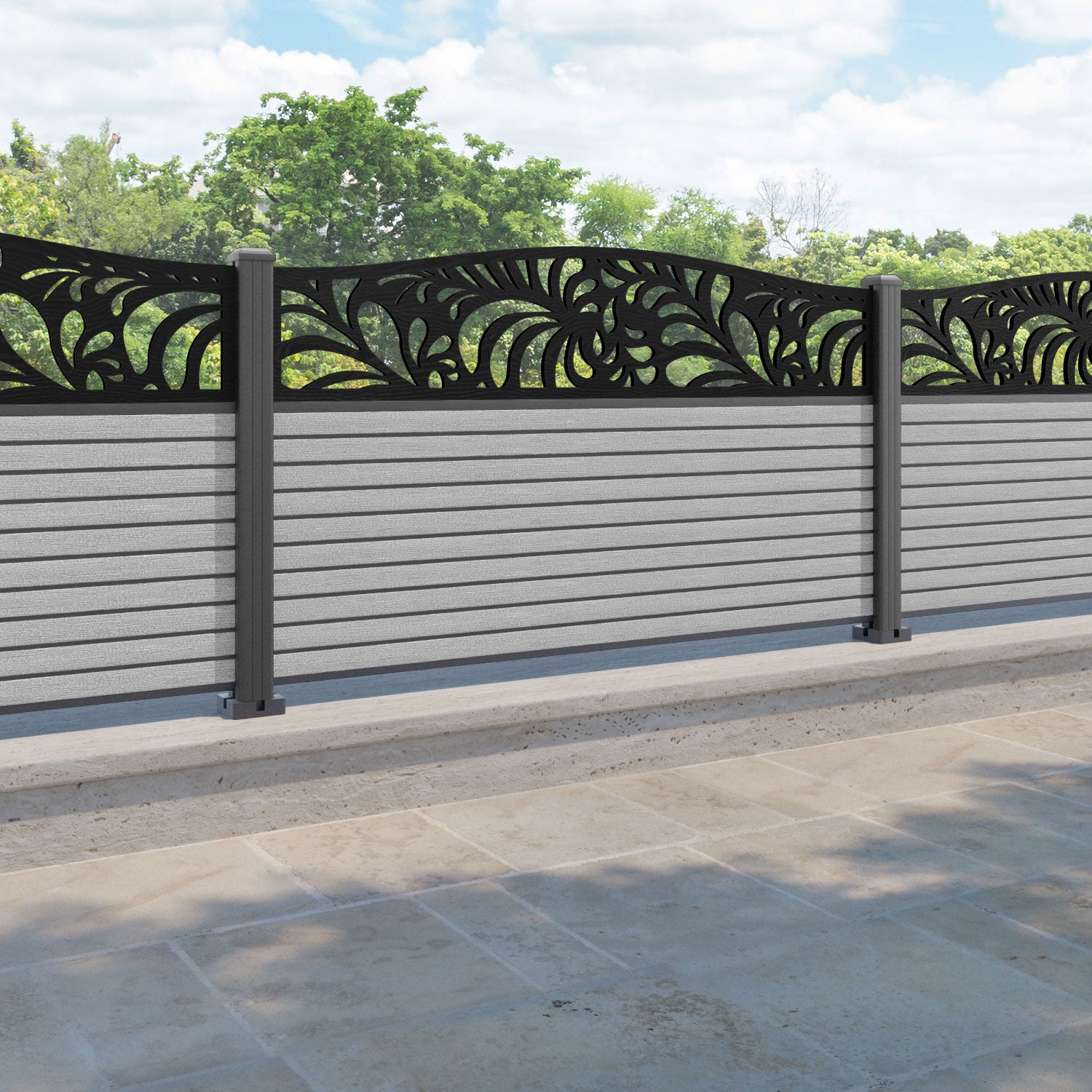 Hudson Petal Curved Top Fence Panel - Light Grey - with our aluminium posts