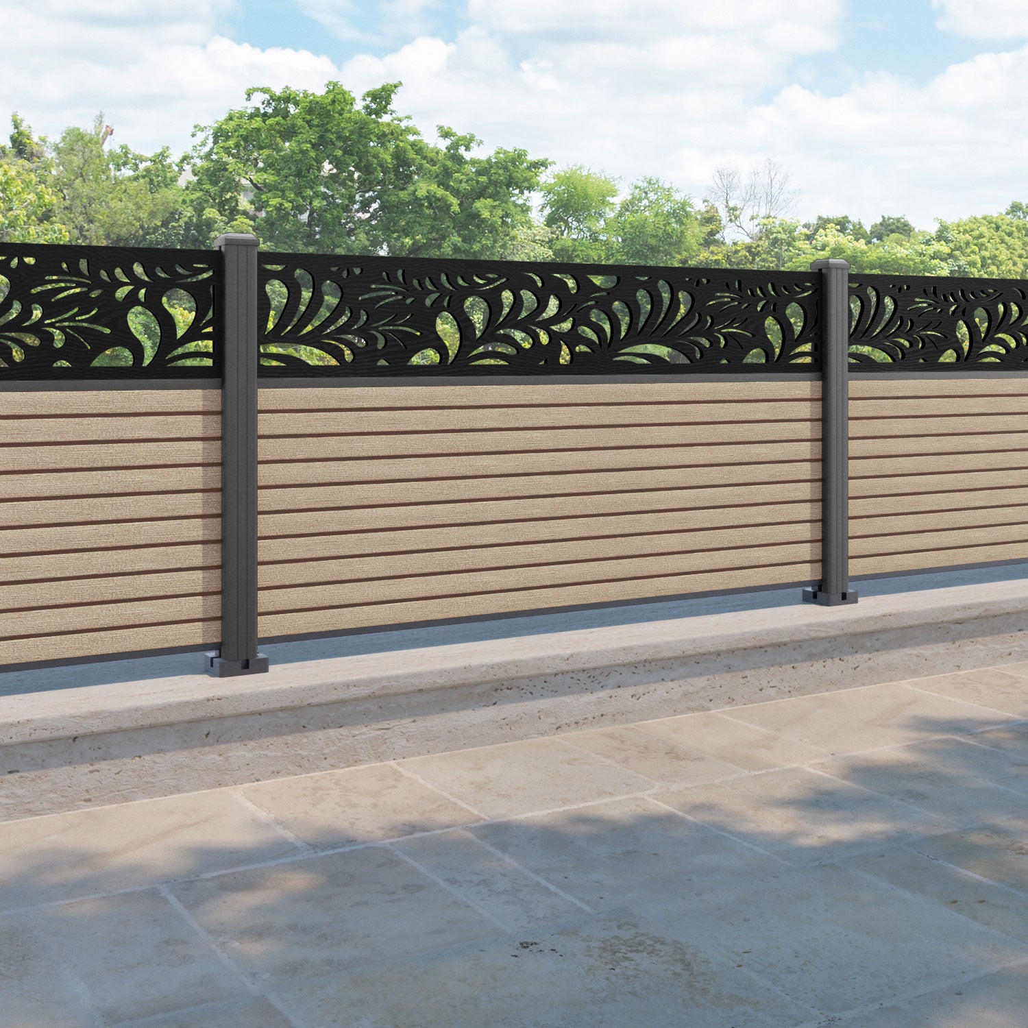 Hudson Petal Fence Panel - Light Oak - with our aluminium posts
