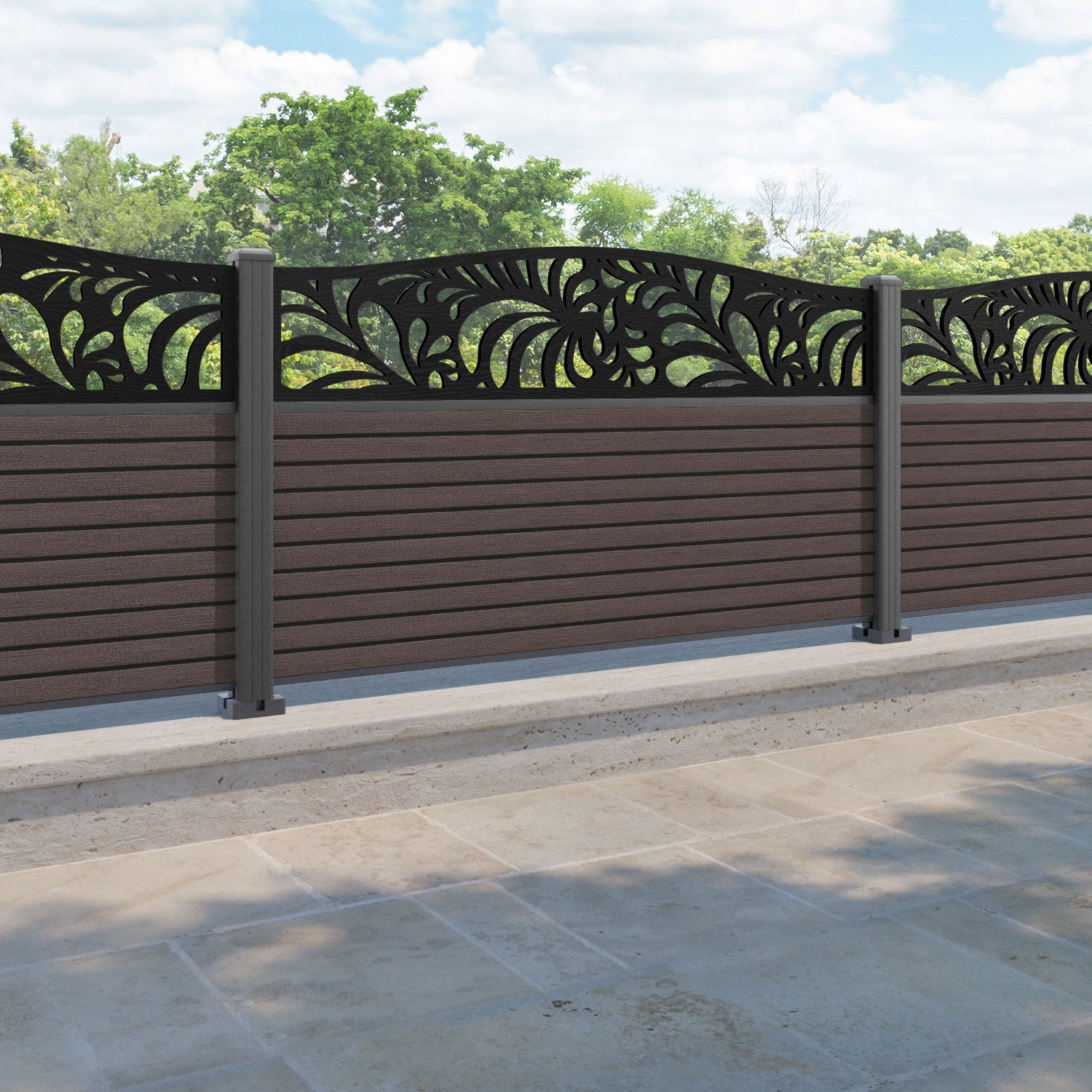 Hudson Petal Curved Top Fence Panel - Mid Brown - with our aluminium posts