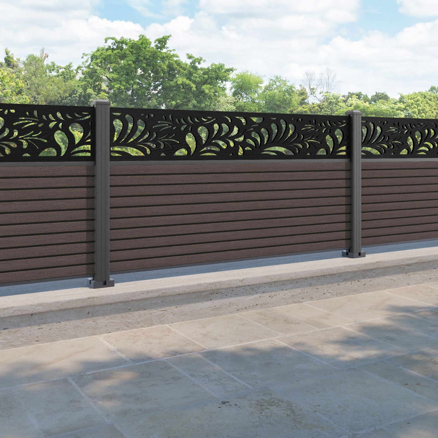 Hudson Petal Fence Panel - Mid Brown - with our aluminium posts