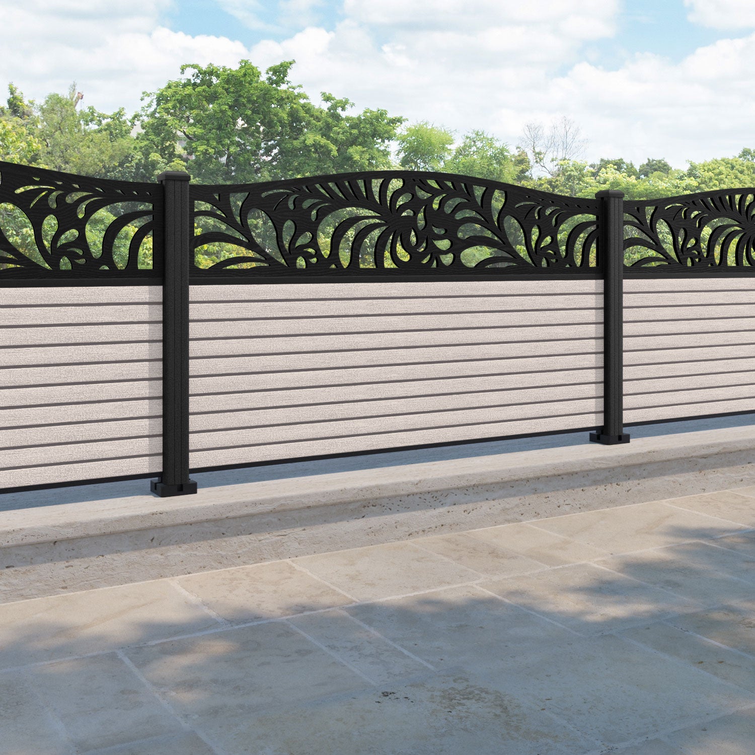 Hudson Petal Curved Top Fence Panel - Mid Stone - with our composite posts