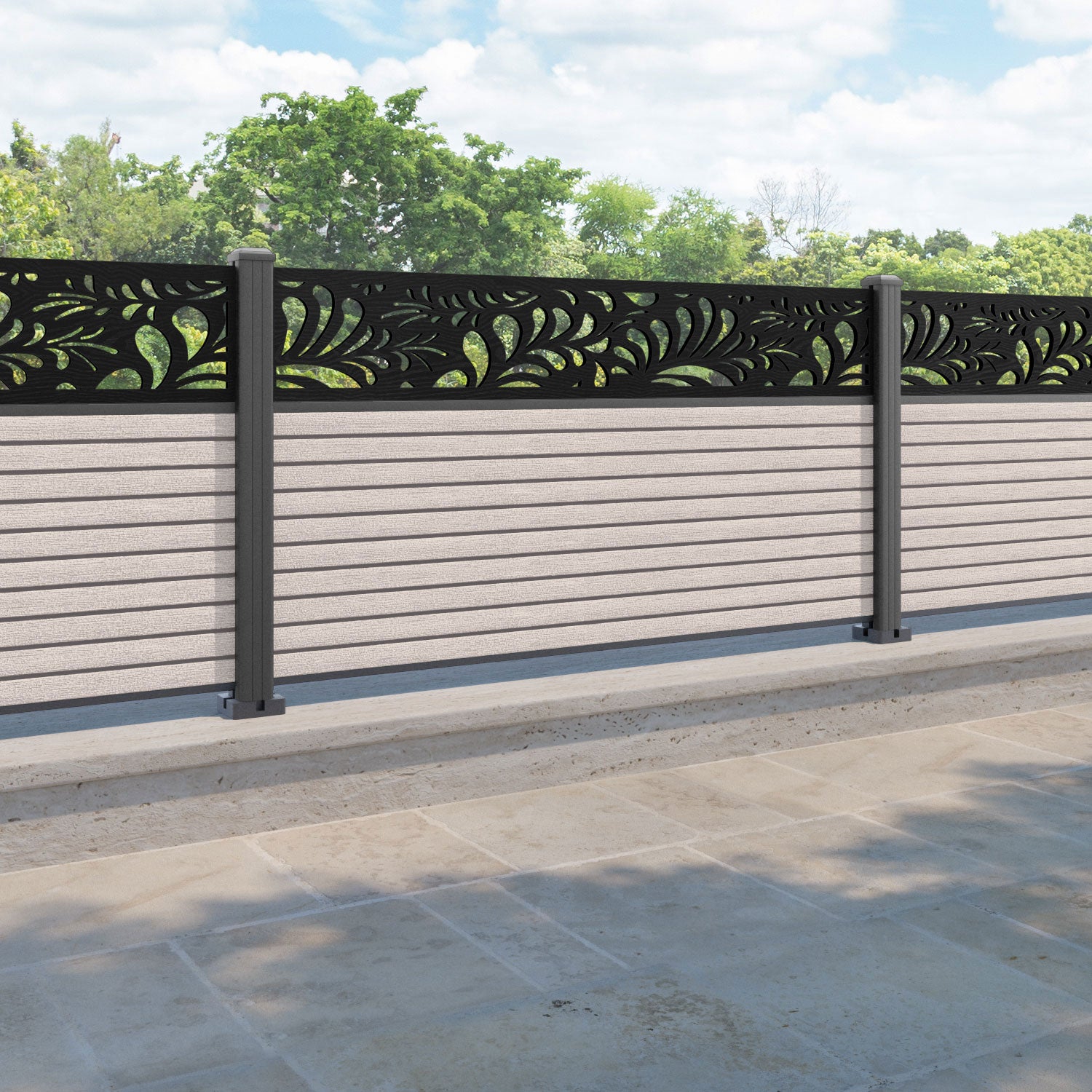 Hudson Petal Fence Panel - Mid Stone - with our aluminium posts