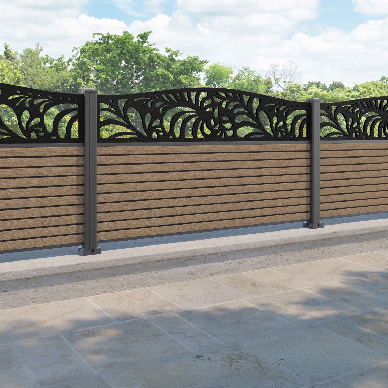 Hudson Petal Curved Top Fence Panel - Teak - with our aluminium posts