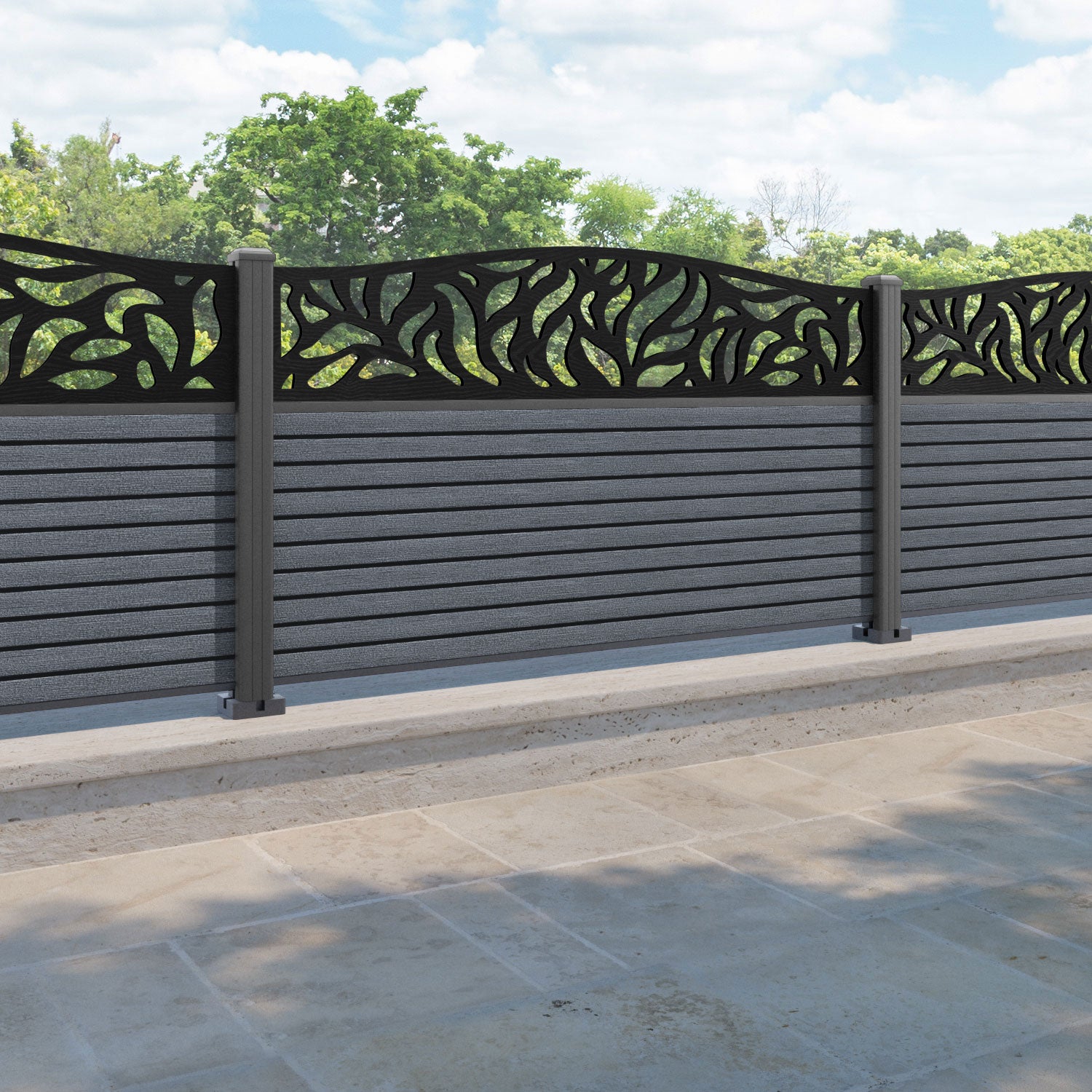 Hudson Plume Curved Top Fence Panel - Anthracite - with our aluminium posts