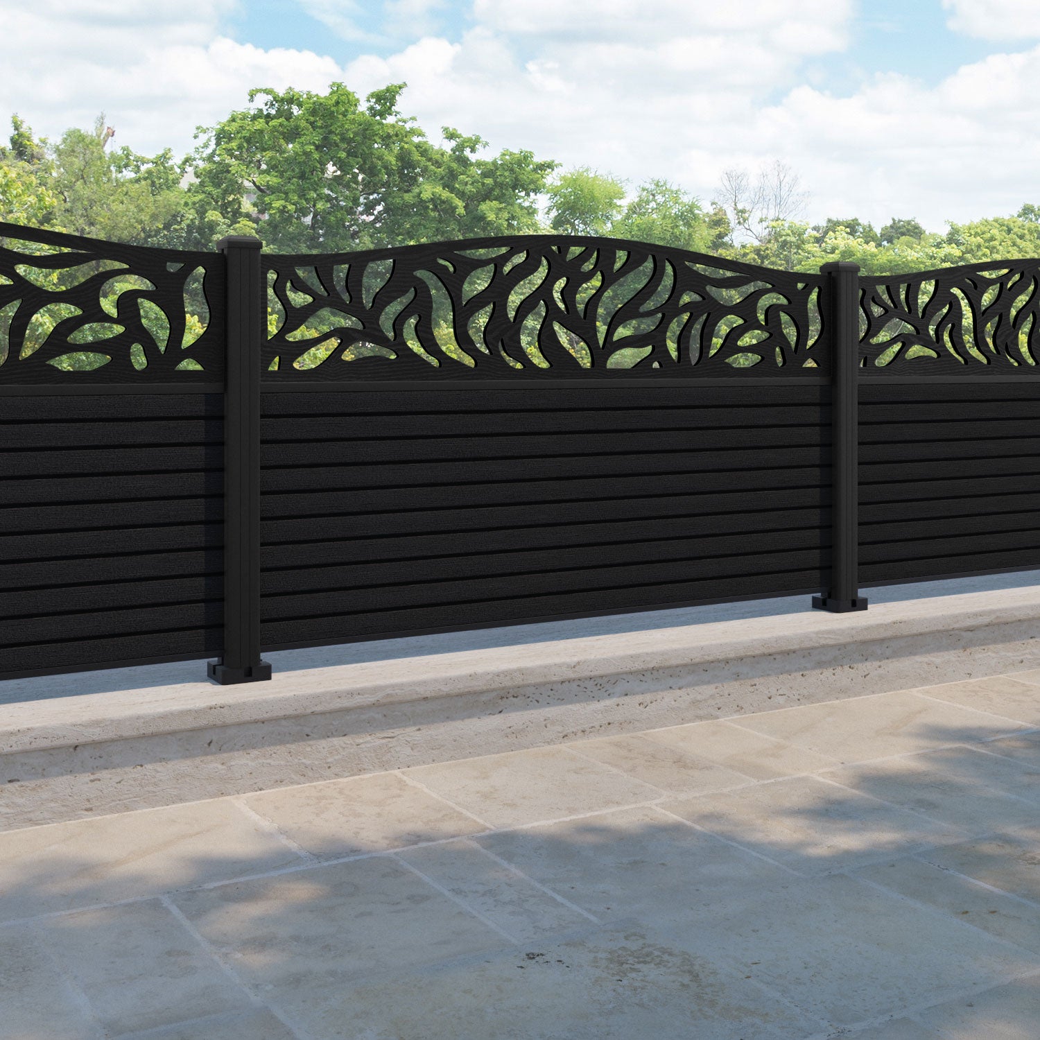 Hudson Plume Curved Top Fence Panel - Black - with our aluminium posts