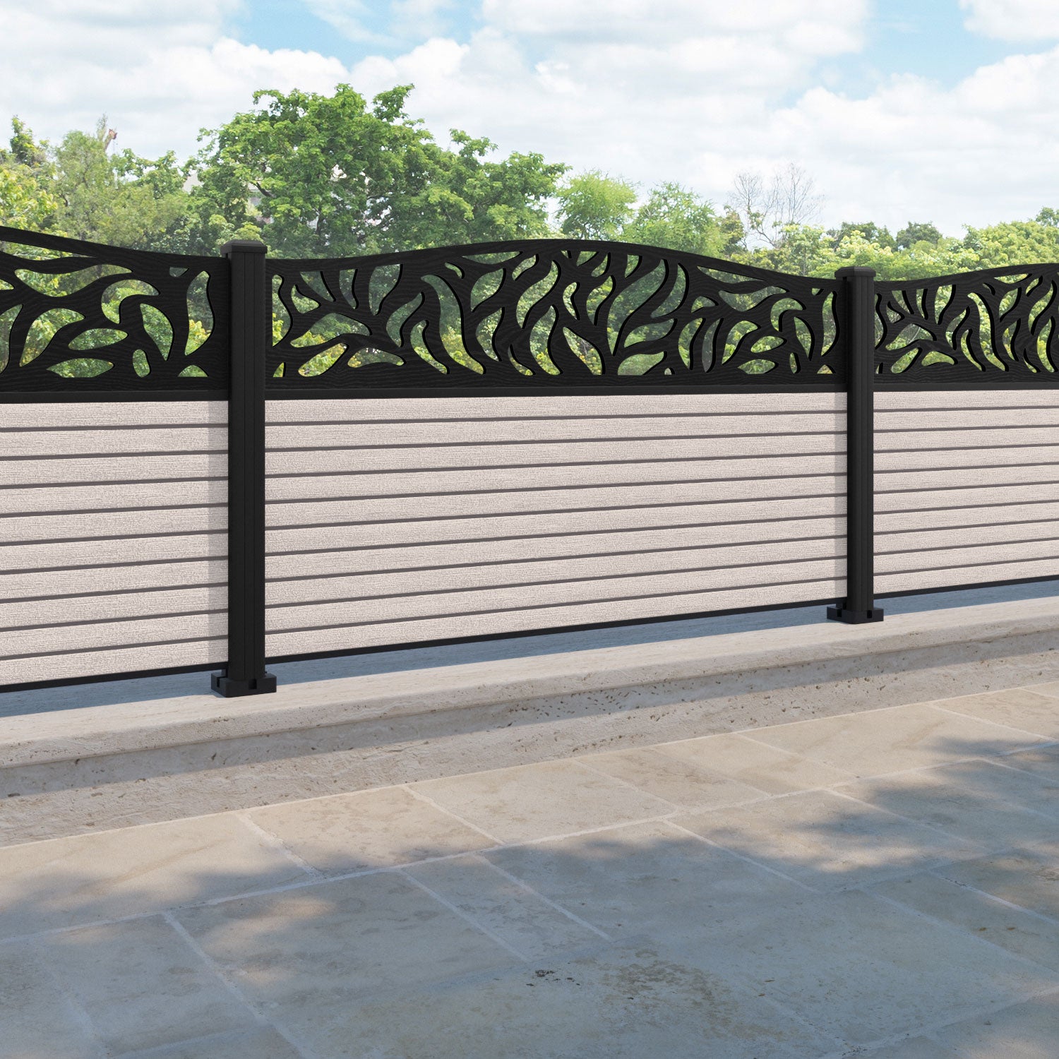 Hudson Plume Curved Top Fence Panel - Mid Stone - with our aluminium posts