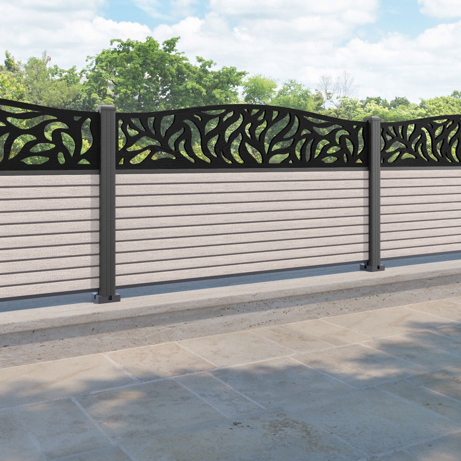 Hudson Plume Curved Top Fence Panel - Mid Stone - with our aluminium posts