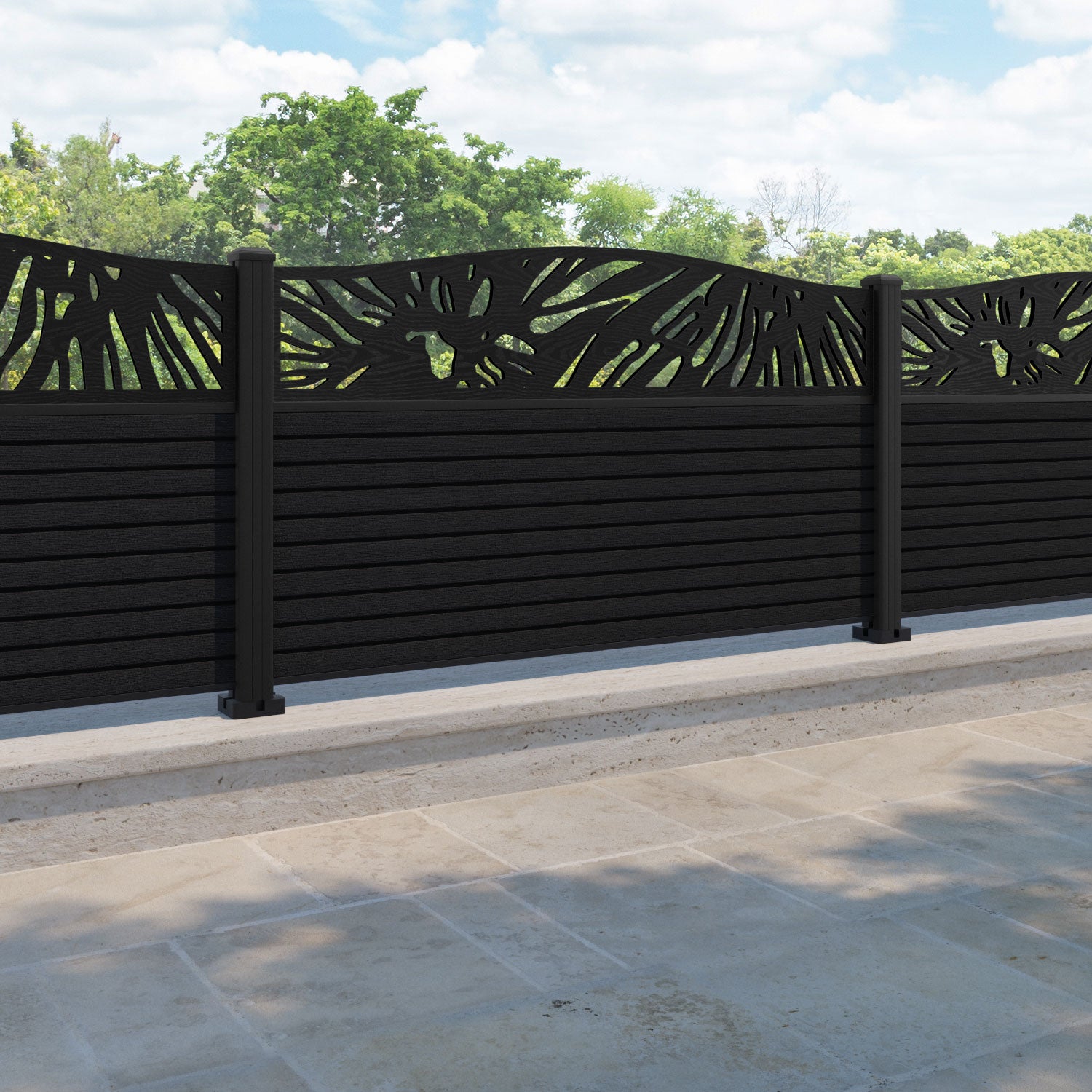 Hudson Poppy Curved Top Fence Panel - Black - with our aluminium posts