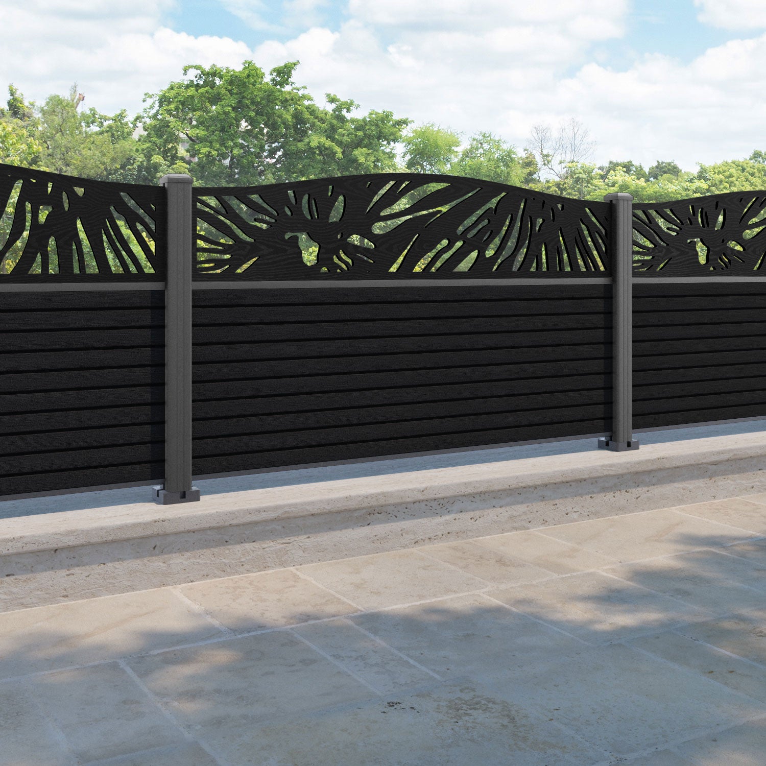 Hudson Poppy Curved Top Fence Panel - Black - with our aluminium posts