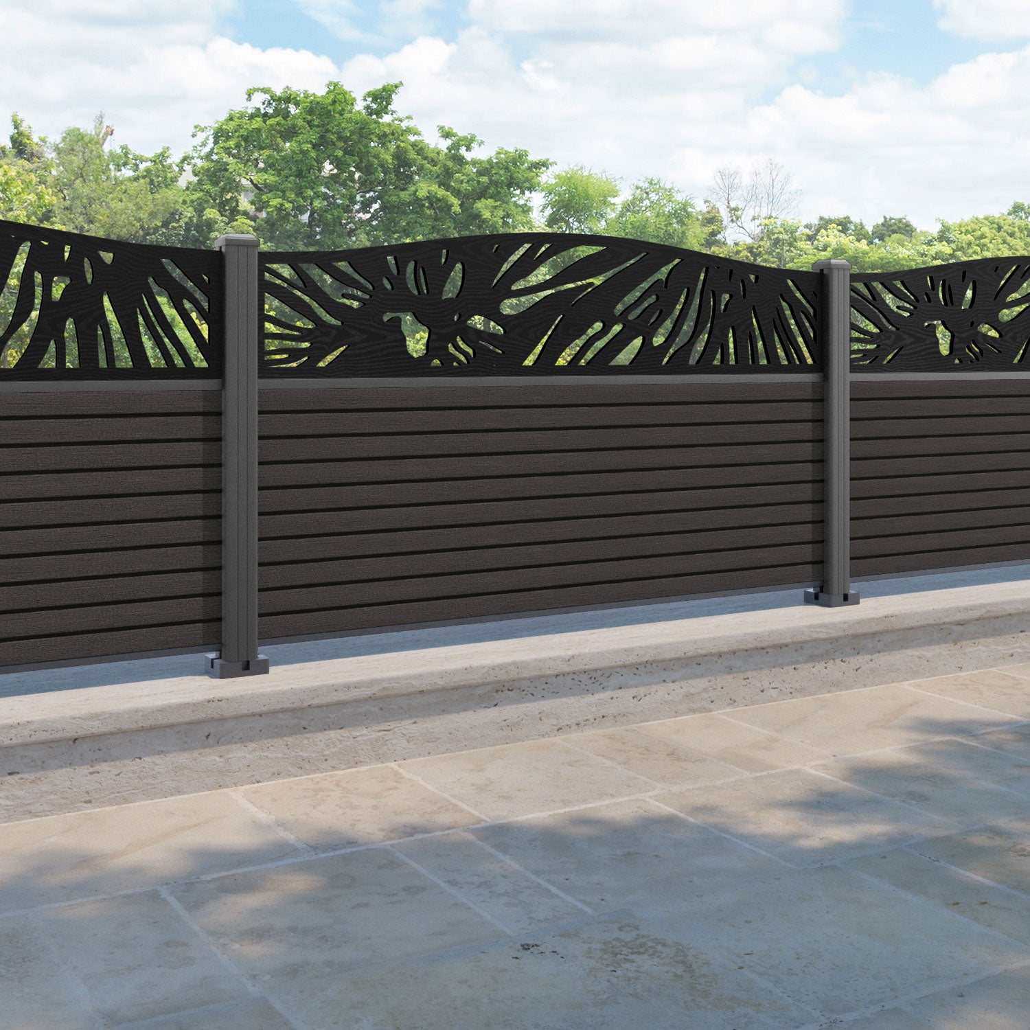 Hudson Poppy Curved Top Fence Panel - Dark Oak - with our aluminium posts
