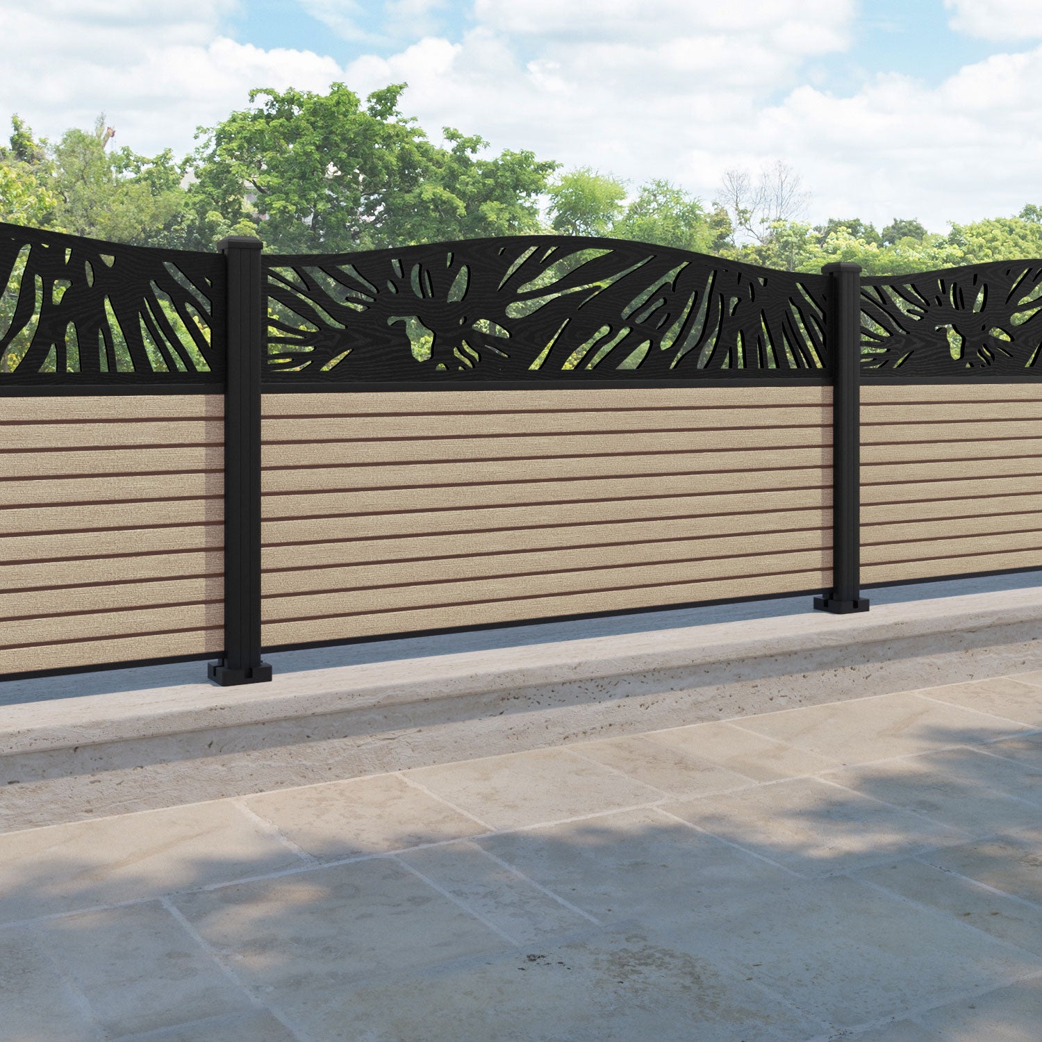 Hudson Poppy Curved Top Fence Panel - Light Oak - with our aluminium posts
