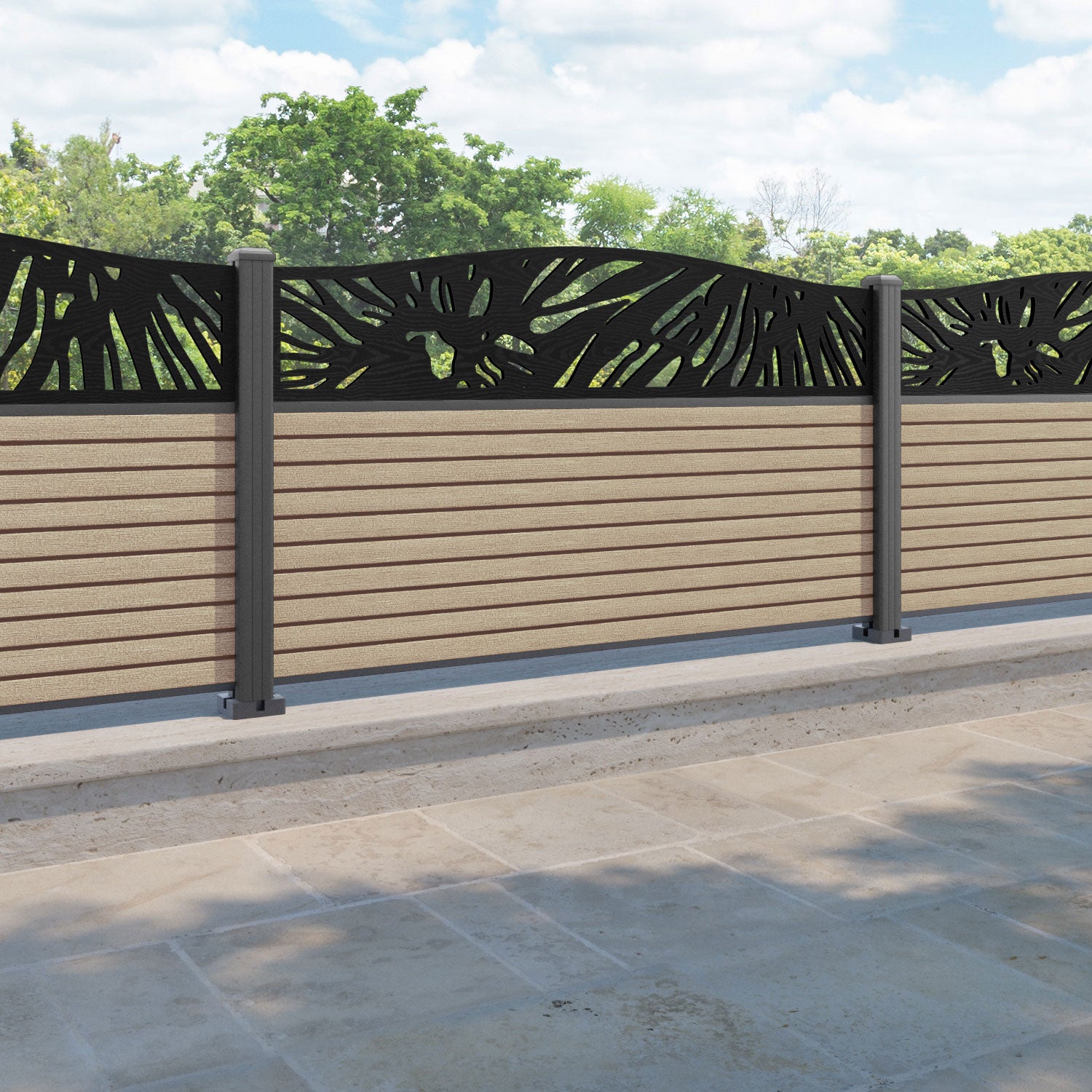 Hudson Poppy Curved Top Fence Panel - Light Oak - with our aluminium posts