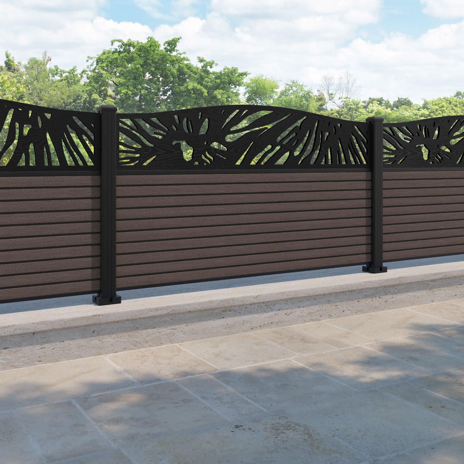 Hudson Poppy Curved Top Fence Panel - Mid Brown - with our aluminium posts