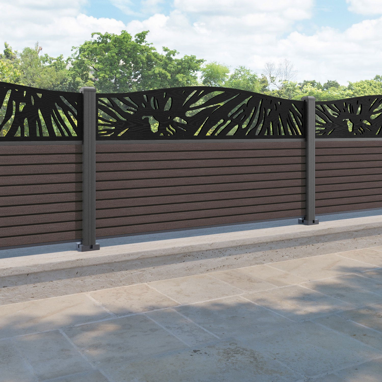 Hudson Poppy Curved Top Fence Panel - Mid Brown - with our aluminium posts