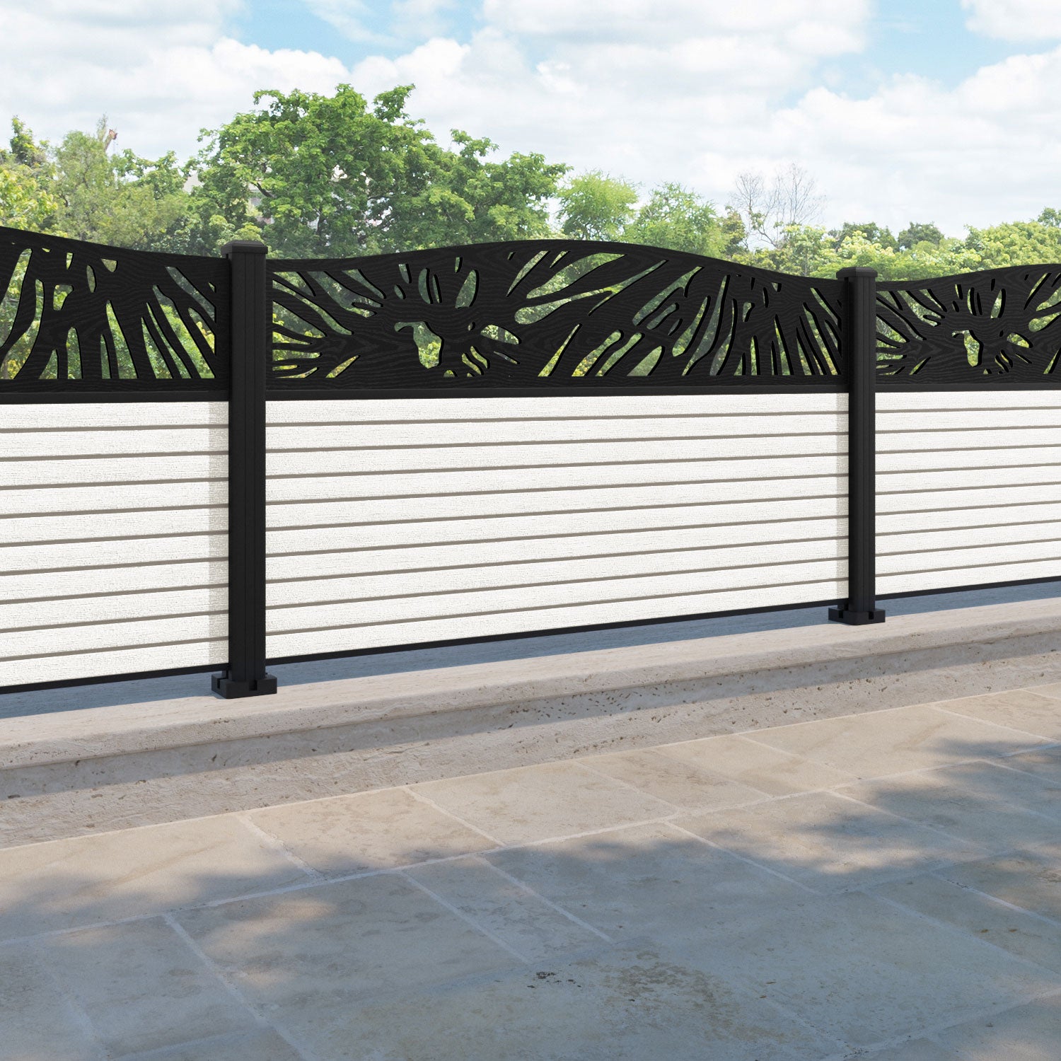 Hudson Poppy Curved Top Fence Panel - Light Stone - with our aluminium posts