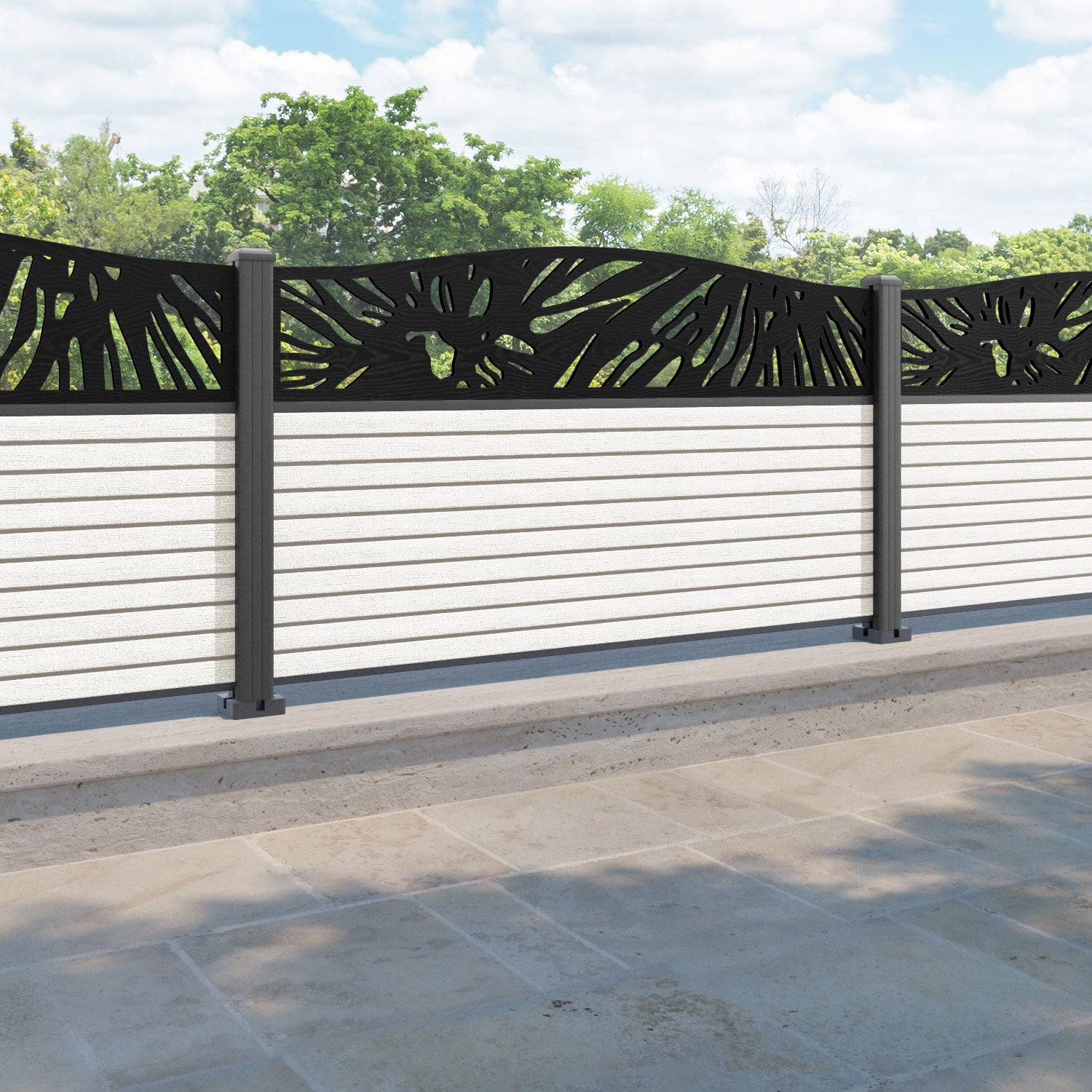 Hudson Poppy Curved Top Fence Panel - Light Stone - with our aluminium posts
