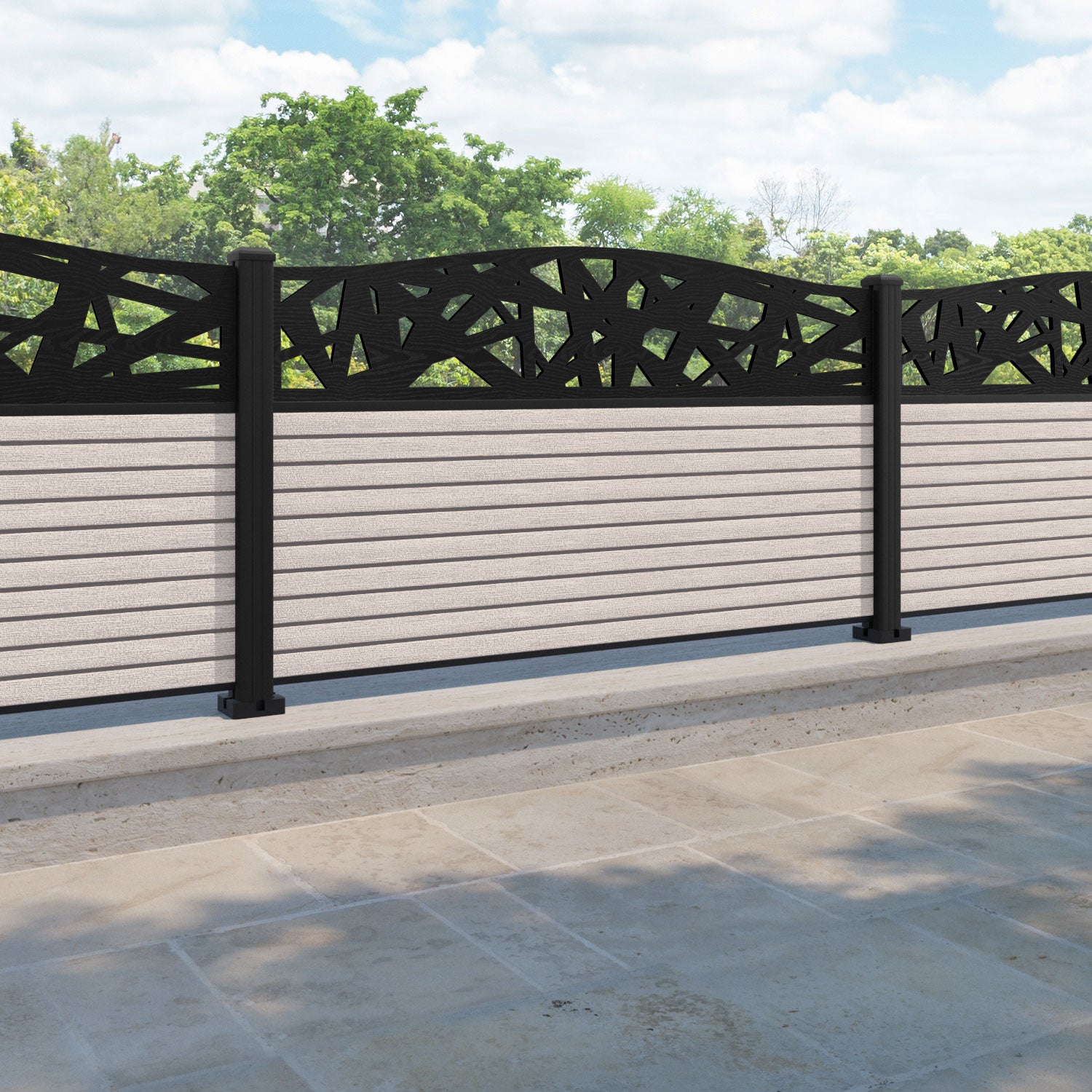 Hudson Prism Curved Top Fence Panel - Mid Stone - with our aluminium posts