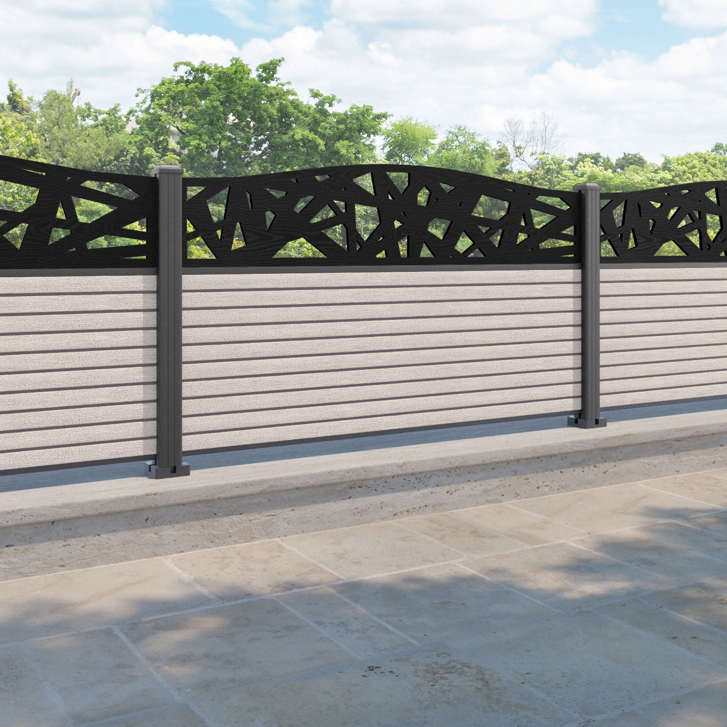 Hudson Prism Curved Top Fence Panel - Mid Stone - with our aluminium posts