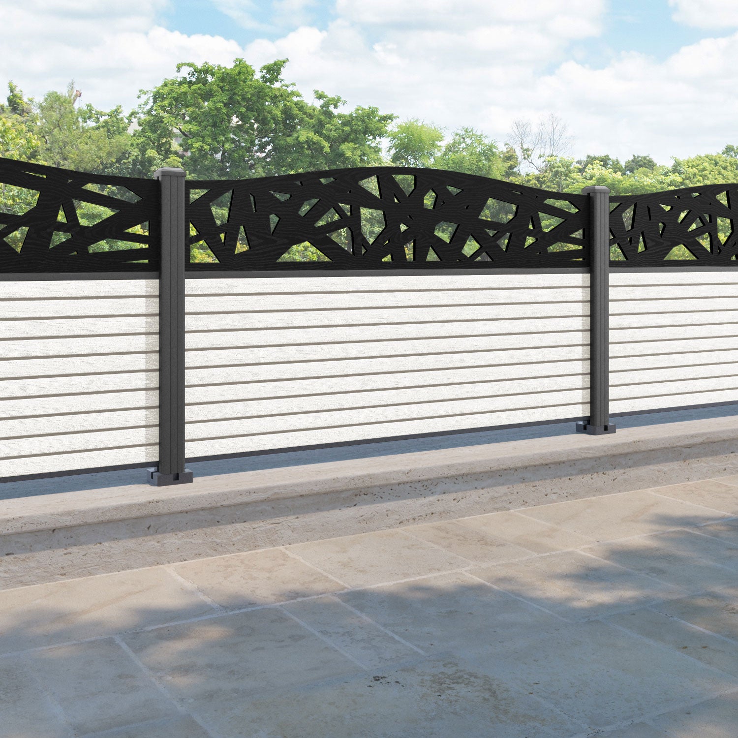 Hudson Prism Curved Top Fence Panel - Light Stone - with our aluminium posts