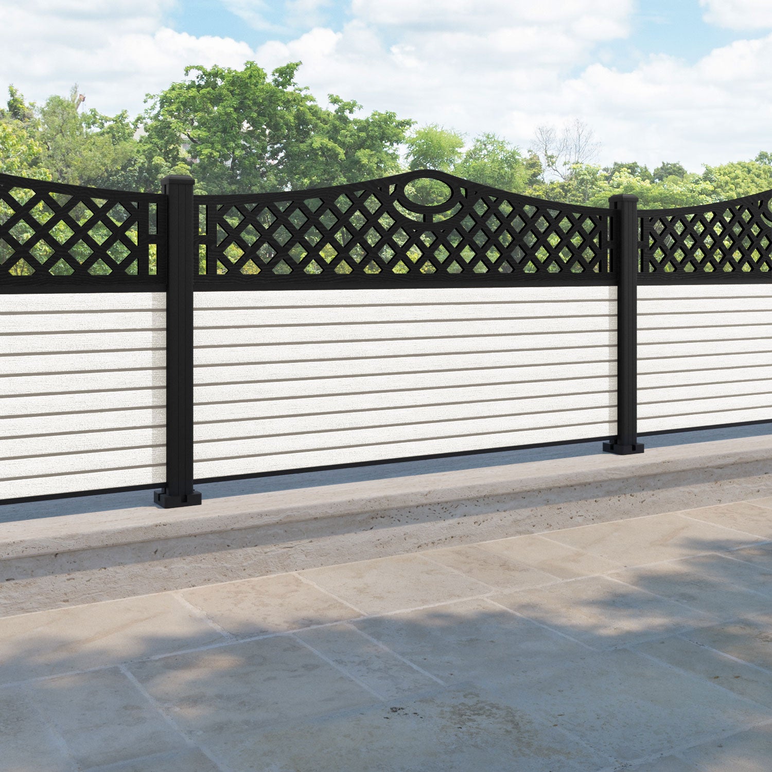 Hudson Oxford Curved Top Fence Panel - Light Stone - with our aluminium posts