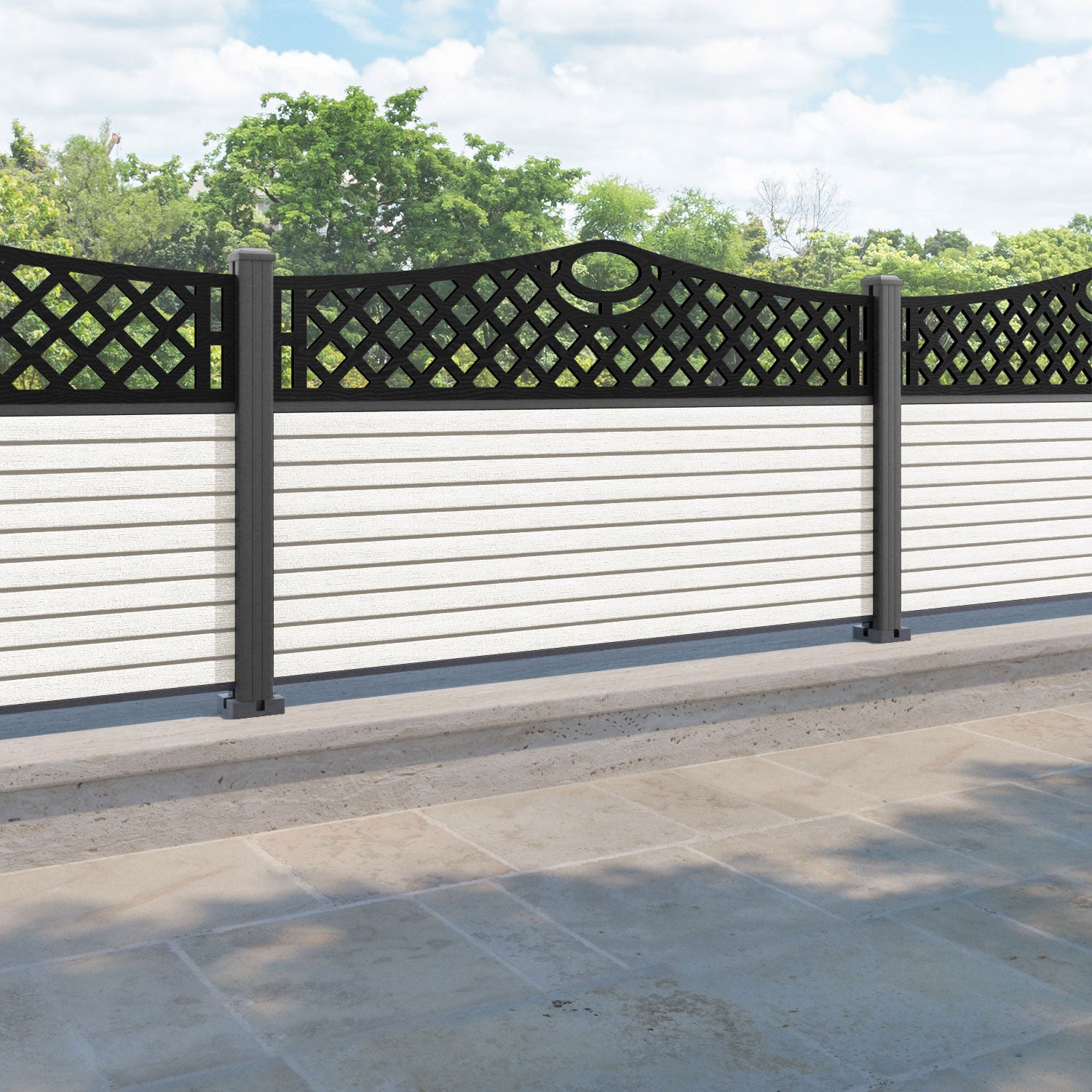 Hudson Oxford Curved Top Fence Panel - Light Stone - with our aluminium posts