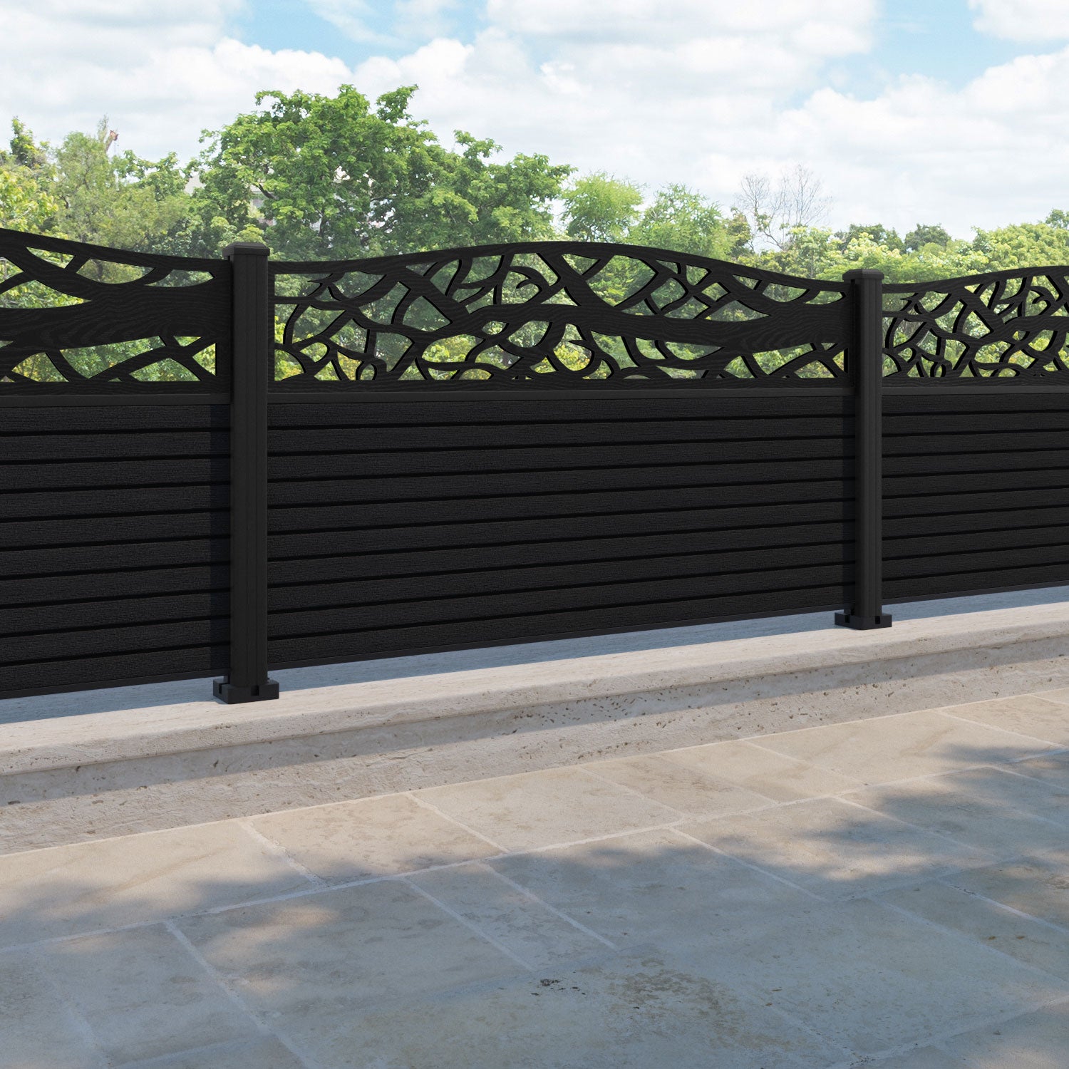 Hudson Twilight Curved Top Fence Panel - Black - with our aluminium posts