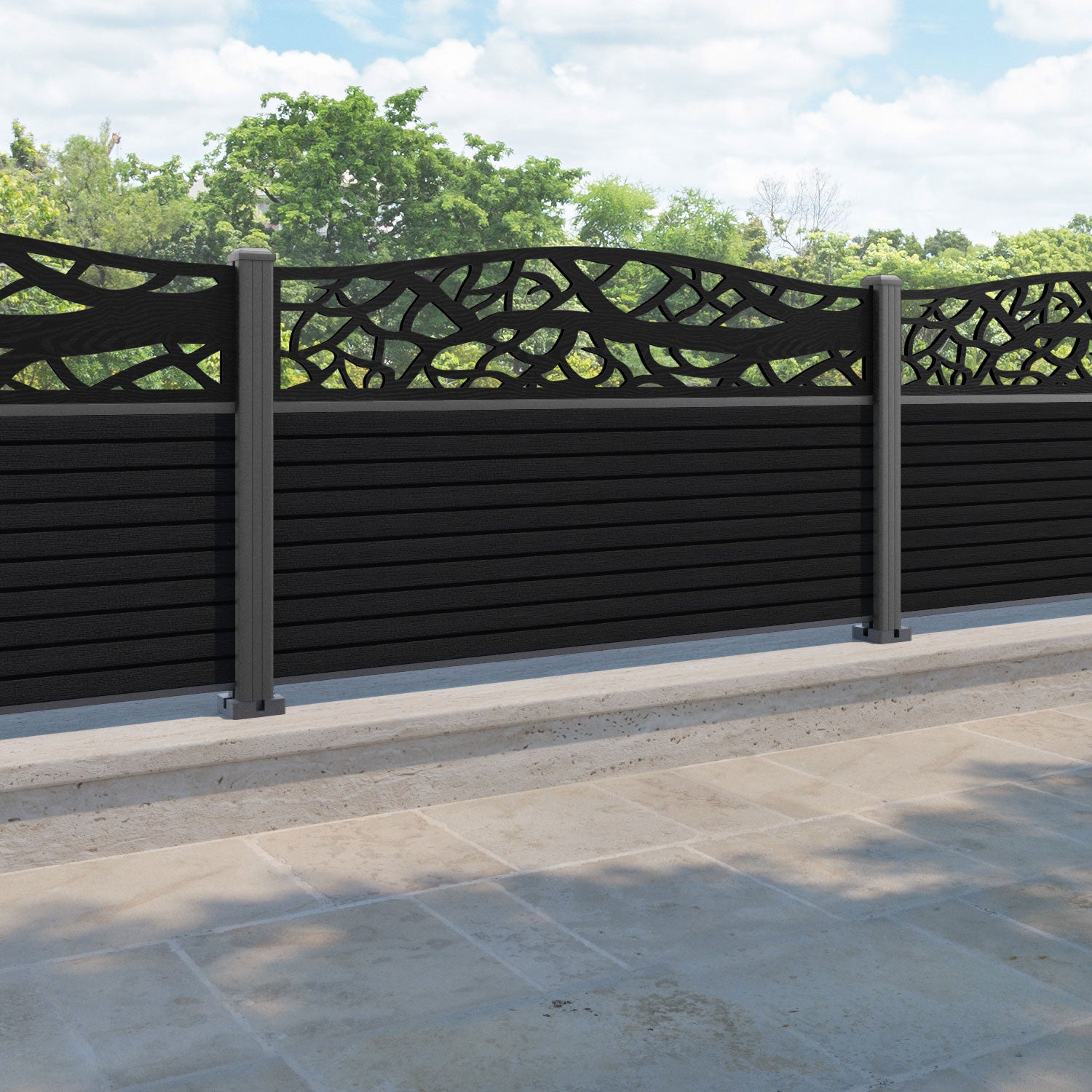 Hudson Twilight Curved Top Fence Panel - Black - with our aluminium posts