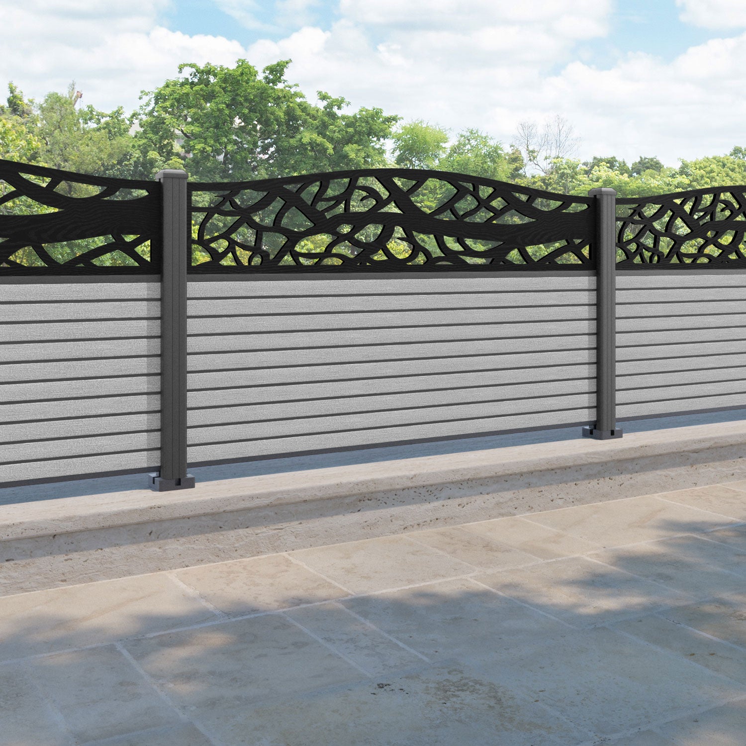 Hudson Twilight Curved Top Fence Panel - Light Grey - with our aluminium posts